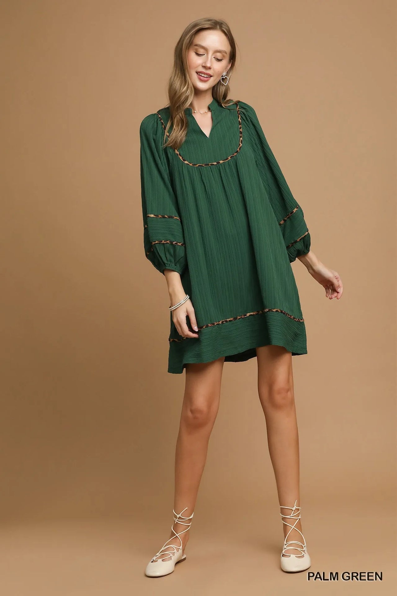 Umgee Textured Babydoll Dress with Leopard Trim