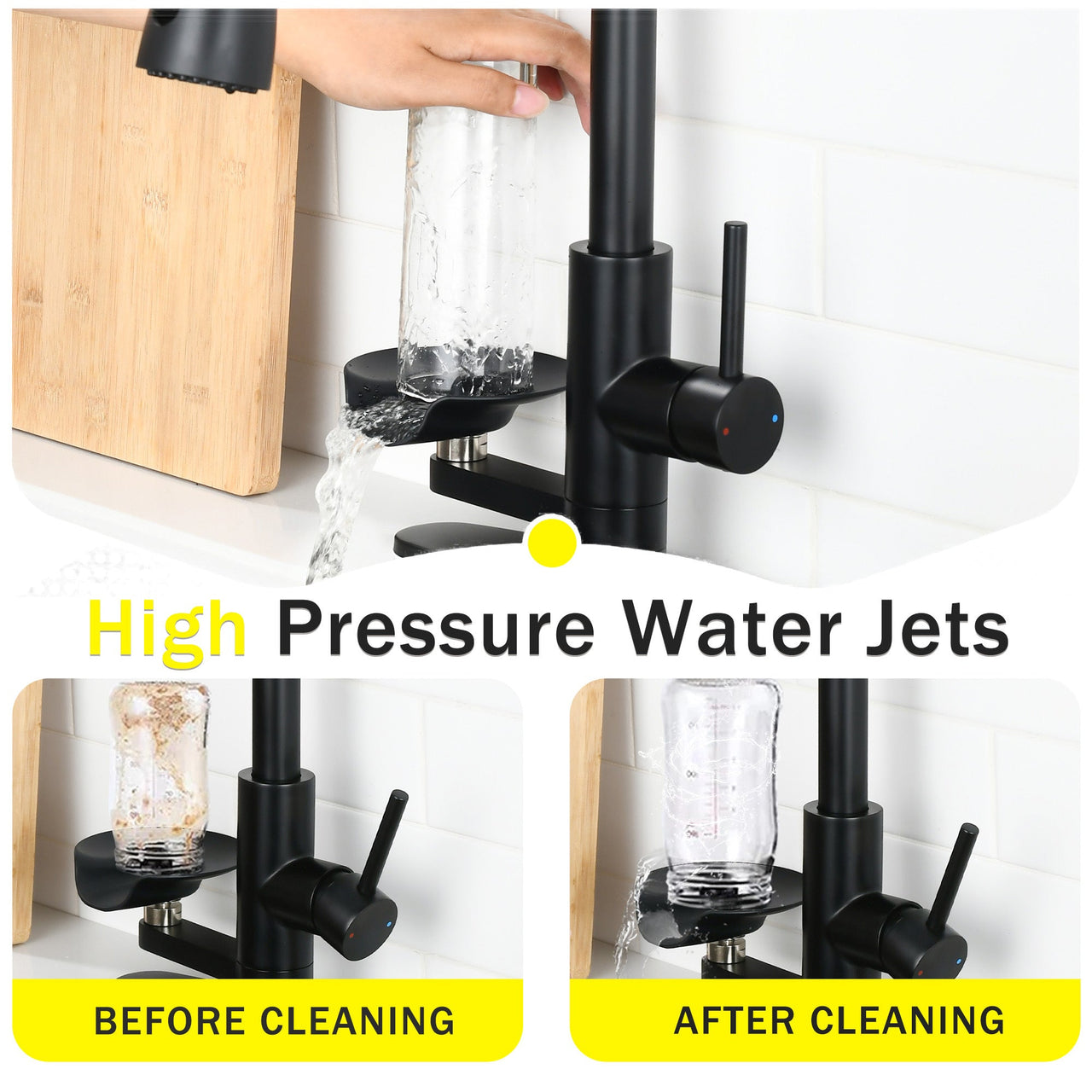 3-in-1 Matte Black Kitchen Faucet with LED Temperature Display, Press-Type Glass Rinser, Pull-Down Sprayer, 3 Spray Modes