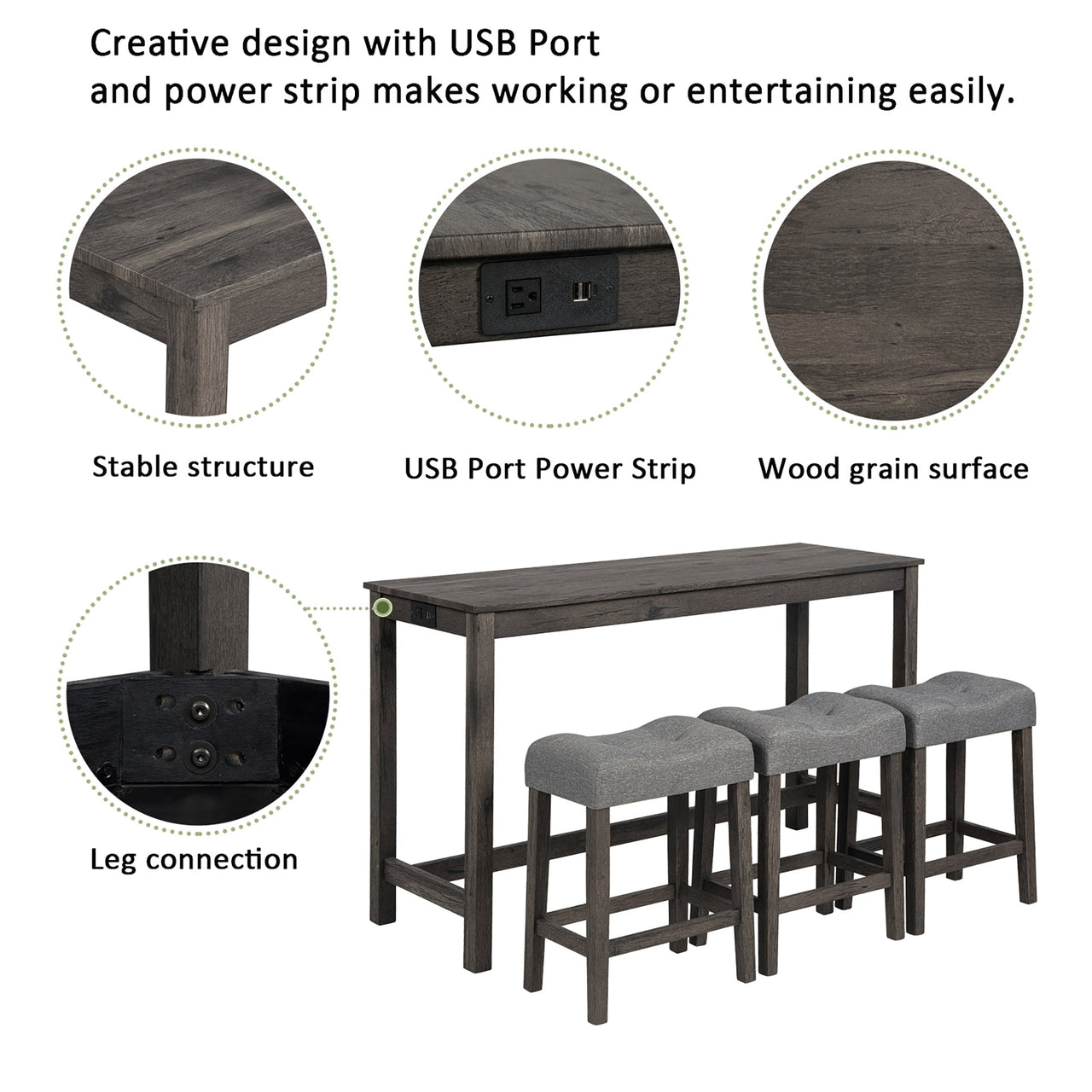 4 Piece Bar Table Set with Power Outlet, Bar Table Set with Chairs, Sofa Bar Table with Stools, Behind Couch Table with 3 Padded Stools, for Living Room, Dining room, Dark Gray
