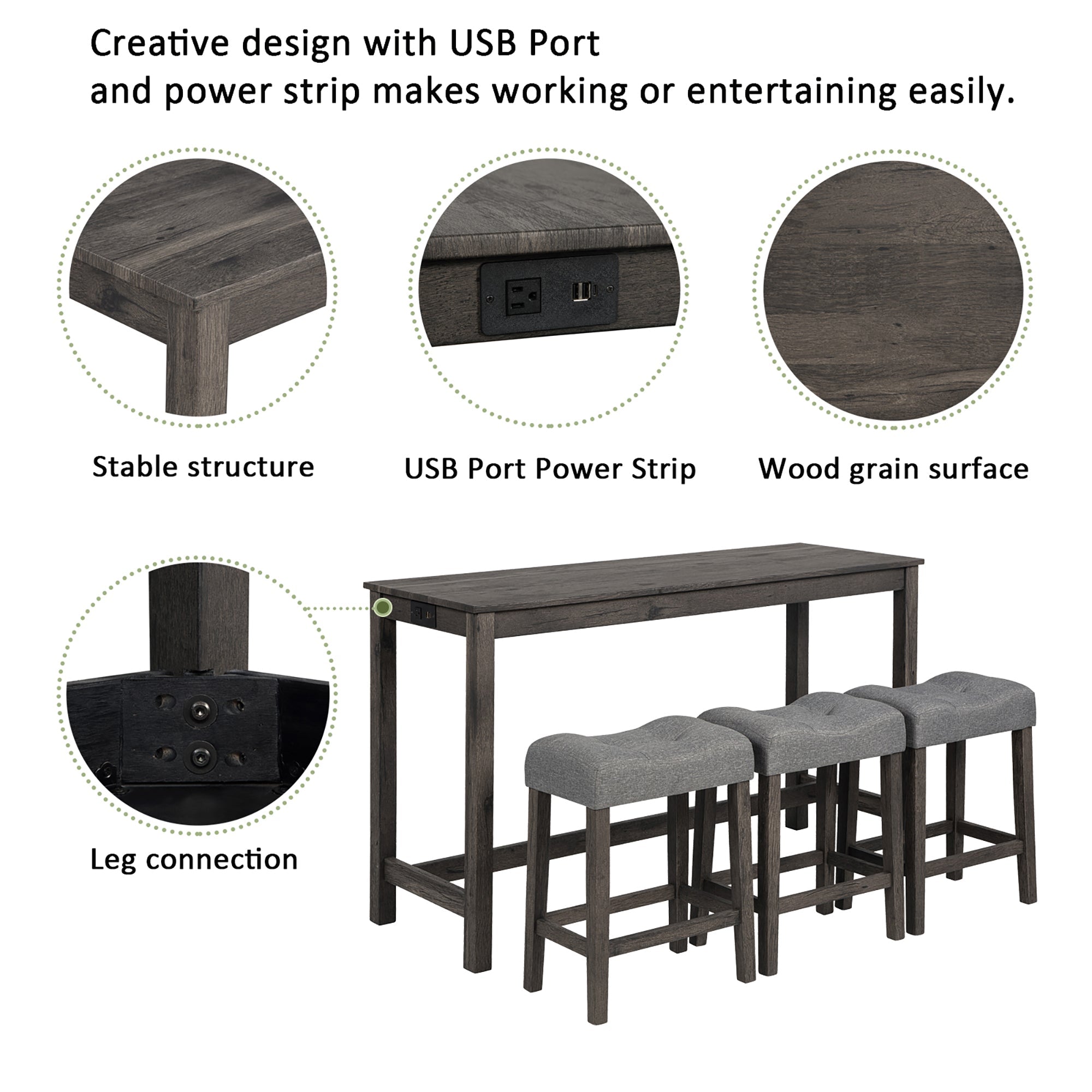 4 Piece Bar Table Set with Power Outlet, Bar Table Set with Chairs, Sofa Bar Table with Stools, Behind Couch Table with 3 Padded Stools, for Living Room, Dining room, Dark Gray
