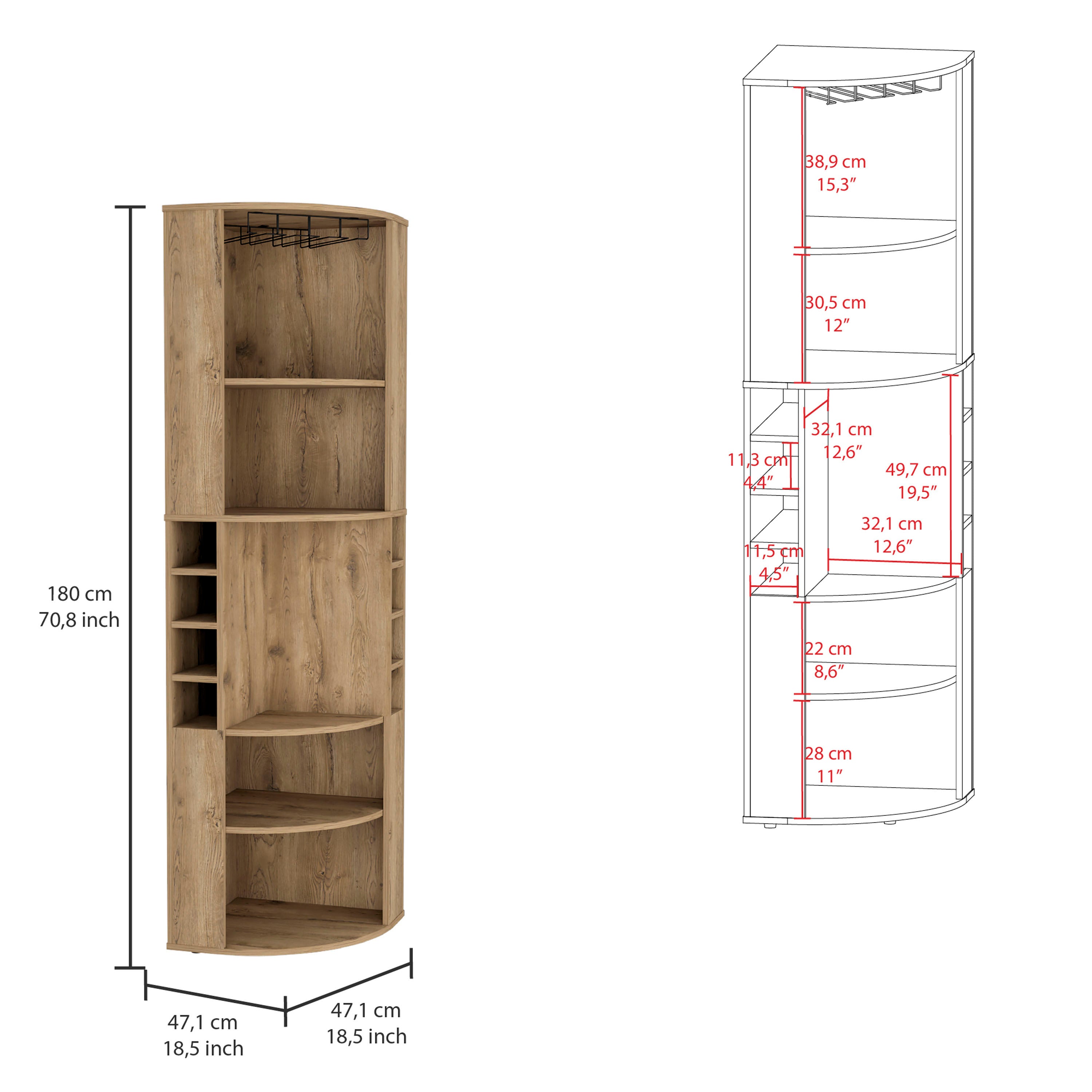 Oban Corner Bar Cabinet with Five Shelves , Eight Bottle Cubbies and Steamware Macadamia