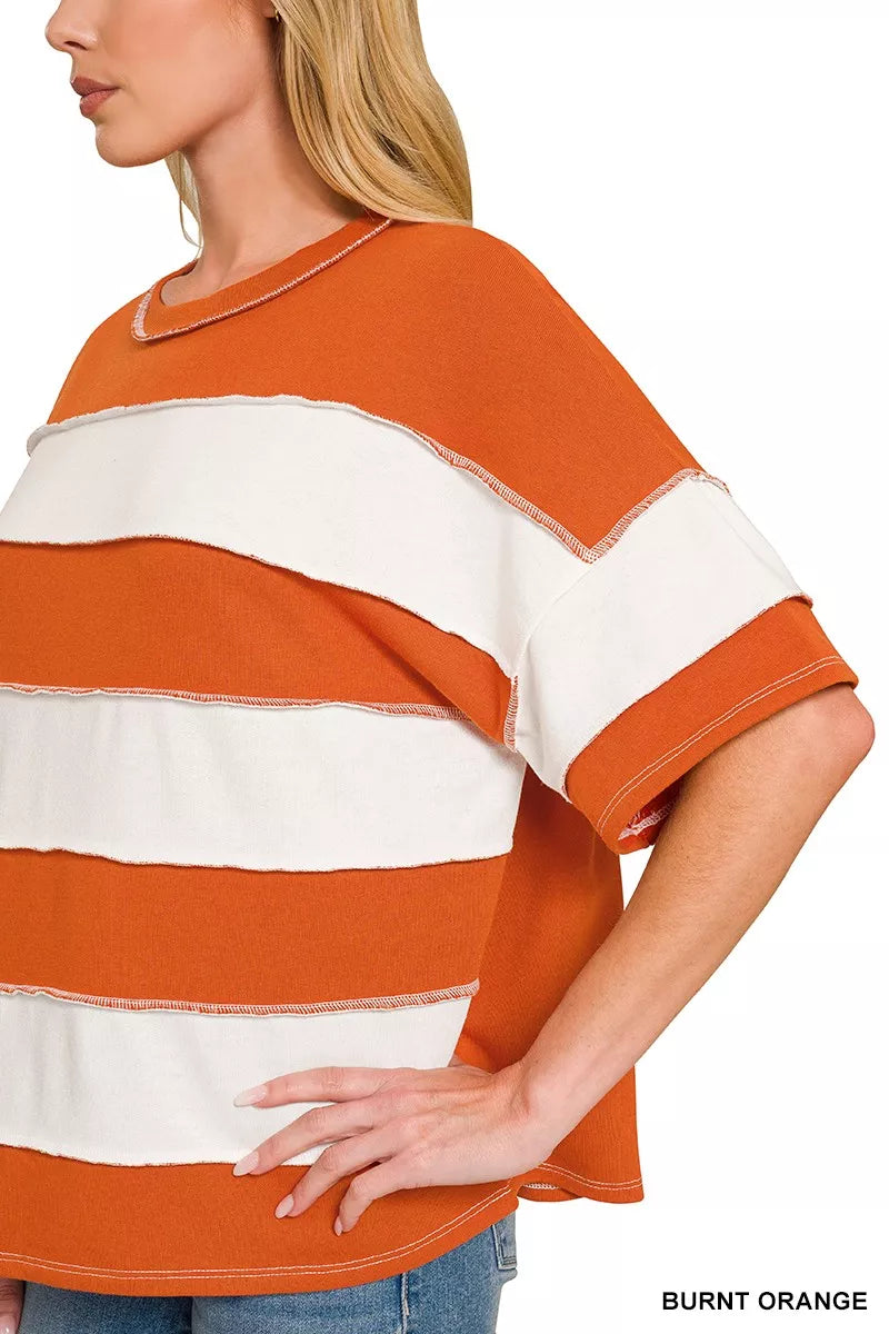 Zenana French Terry Striped Exposed Seam Top