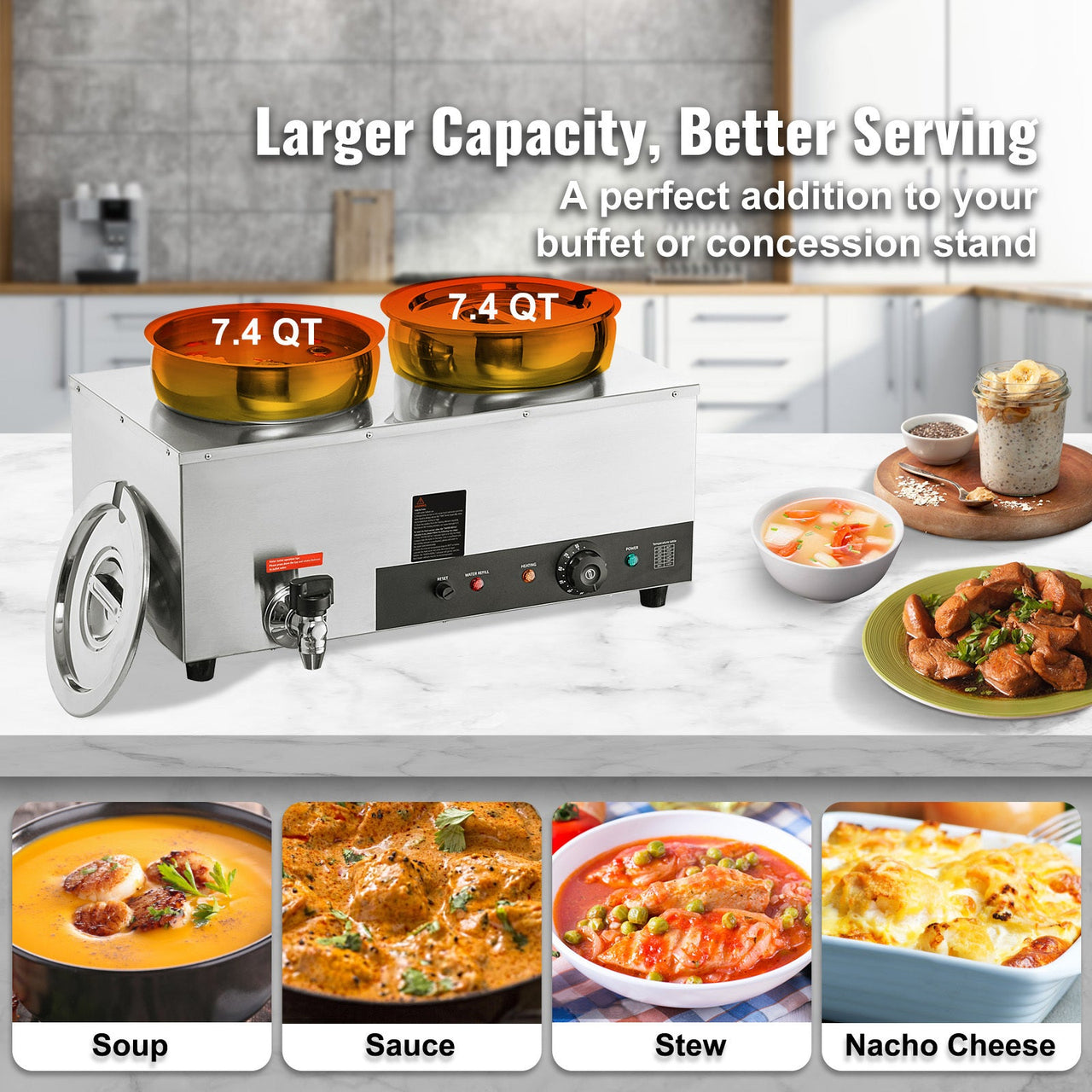 Electric Soup Warmer, Dual 7.4QT Stainless Steel Round Pot 86~185°F Adjustable Temp, 1200W Commercial Bain Marie with Anti-dry Burn and Reset Button, Soup Station for Restaurant, Buffet, Silver