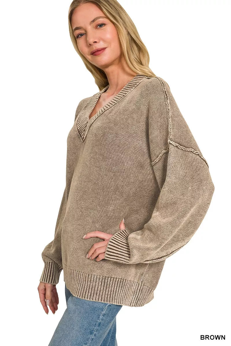 Zenana Washed Deep V-neck Oversized Sweater