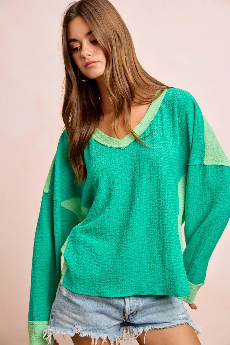 BiBi Textured Jersey Color Block Top With Cut Edge