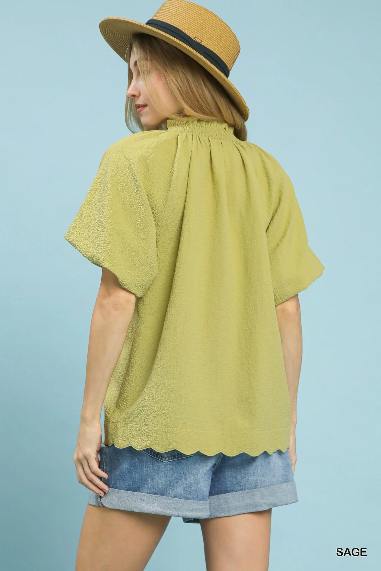 Umgee Scalloped Hem Textured Blouse