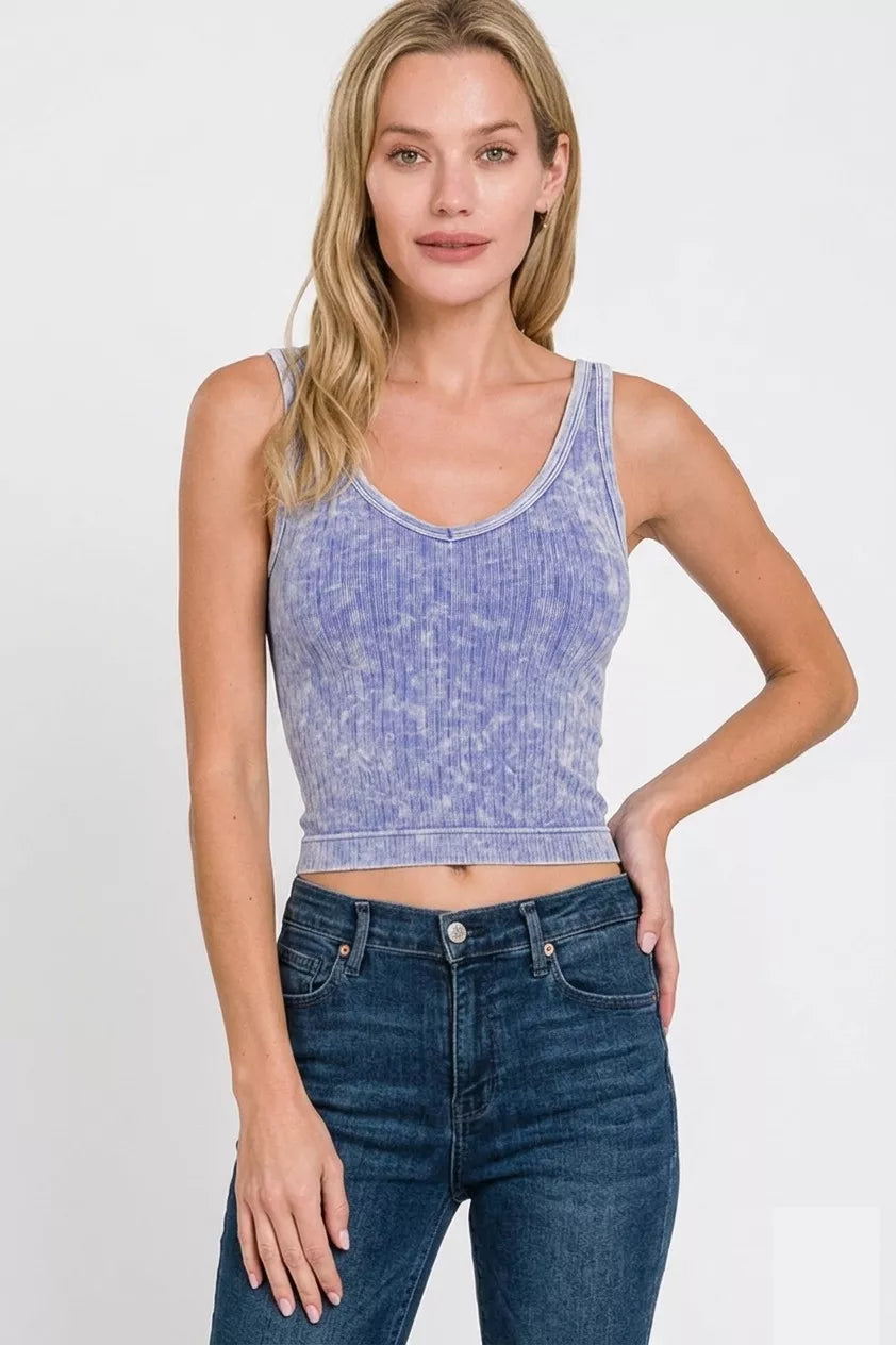 Zenana Washed Ribbed Seamless Cropped V-neck Tank Top