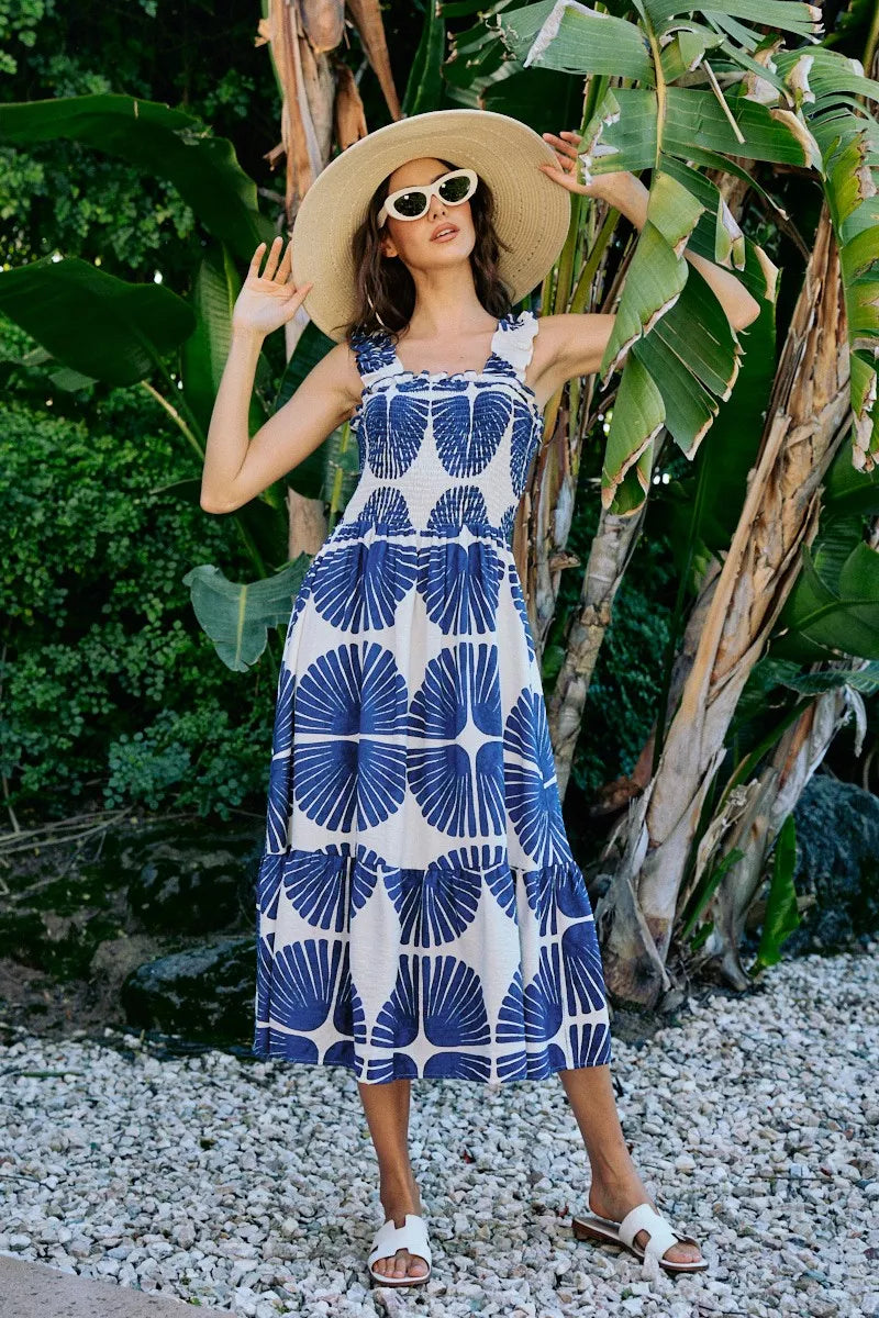 SO ME Abstract Print Smocked Bodice Tiered Lined Midi Dress