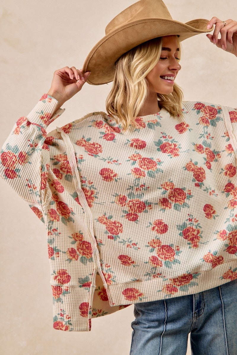 BiBi Floral Print Oversized Waffle Thermal Sweatshirt