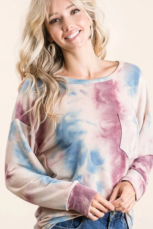 BiBi Tie Dye Print Terry Top With Front Patch Pocket