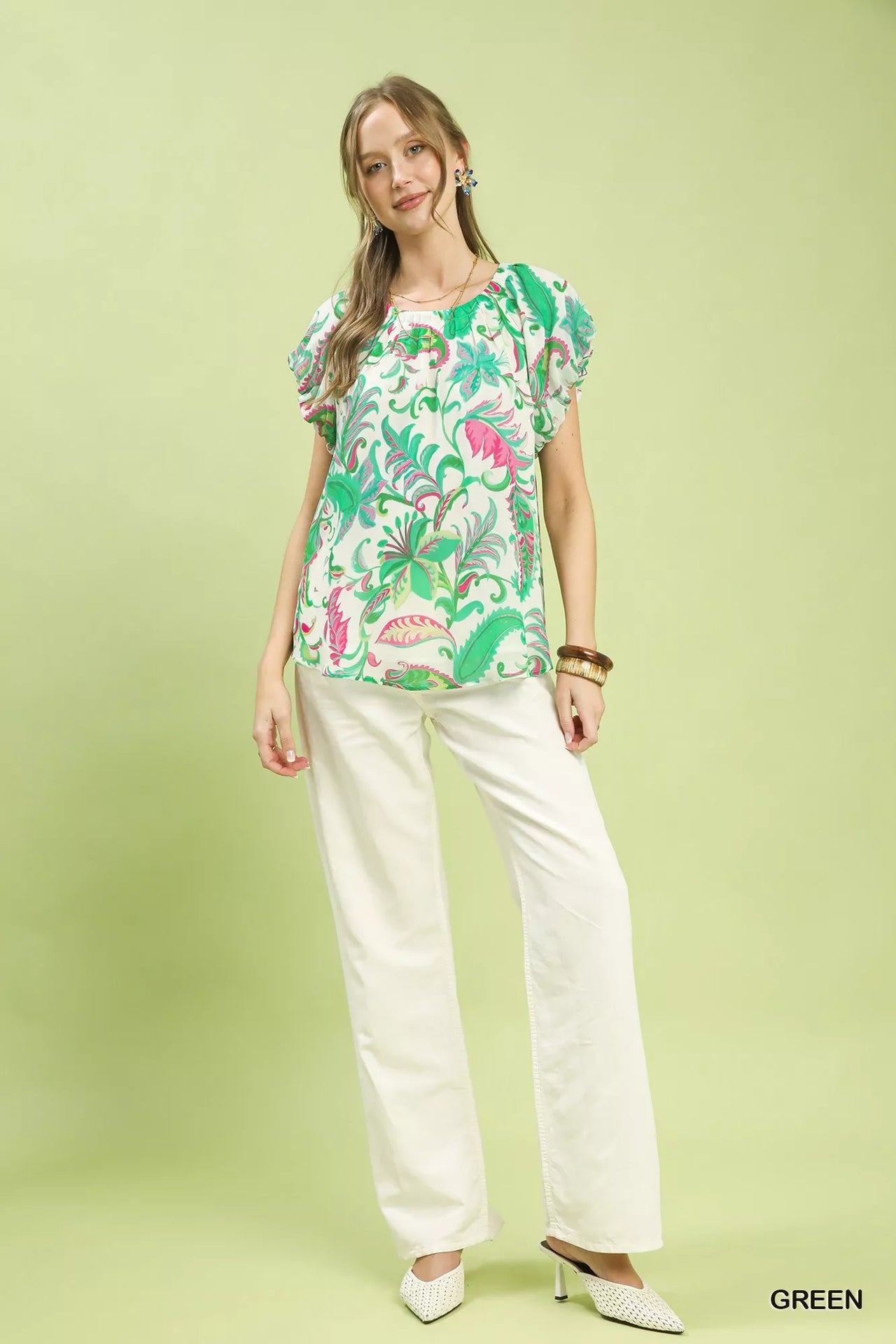 Umgee Tropical Paisley Puff Sleeve Blouse