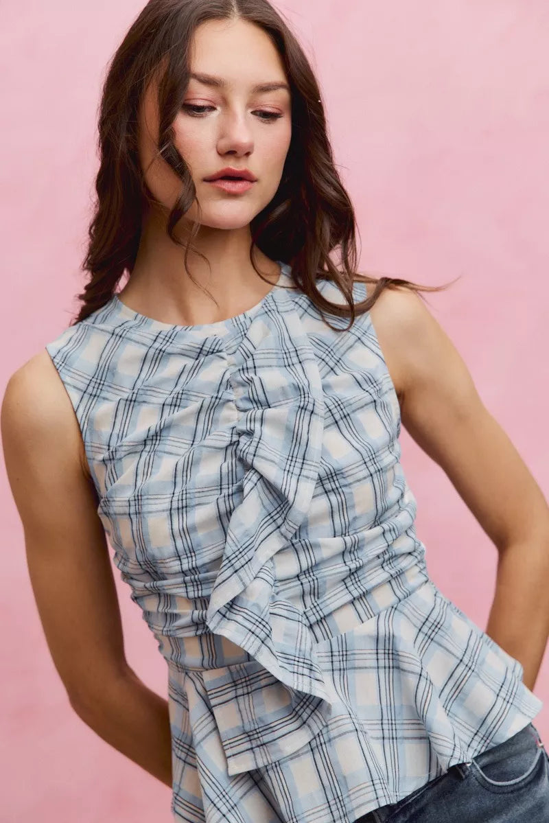SO ME Plaid Sleeveless Ruffle Peplum Top