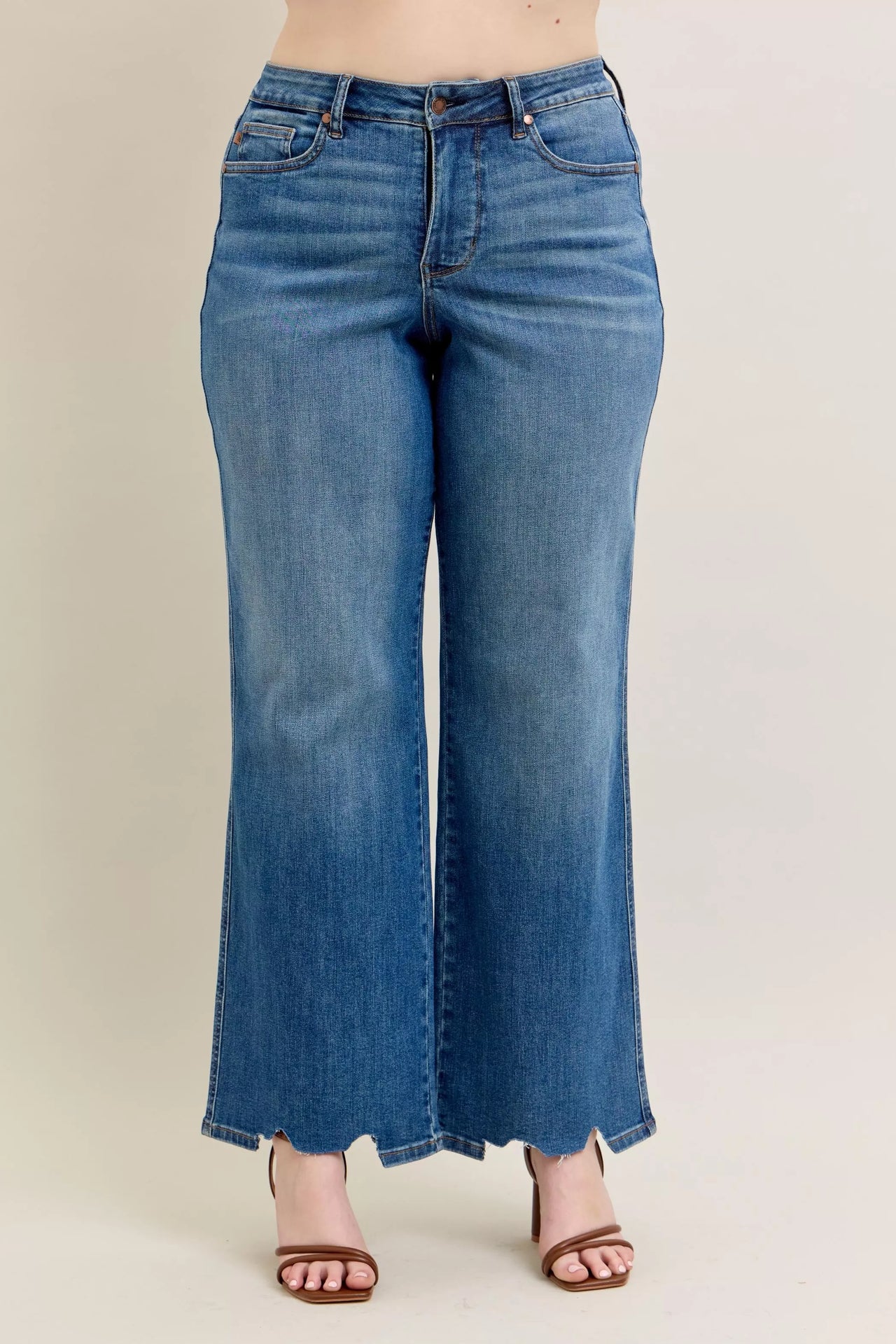 Judy Blue Full Size High Waist Tummy Control Chew Hem Destroyed Wide Jeans Plus Size