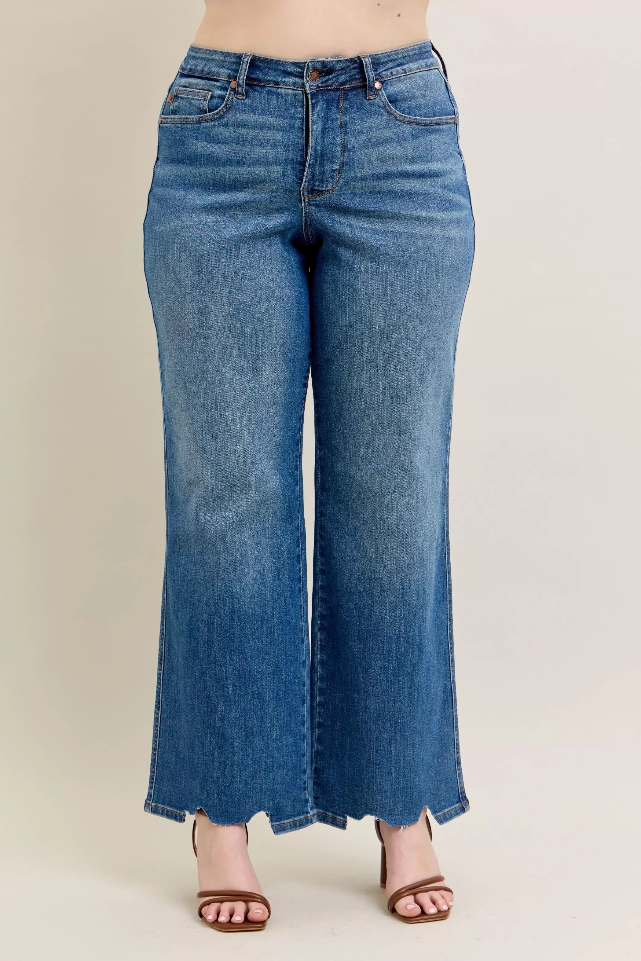Judy Blue Full Size High Waist Tummy Control Chew Hem Destroyed Wide Jeans Plus Size