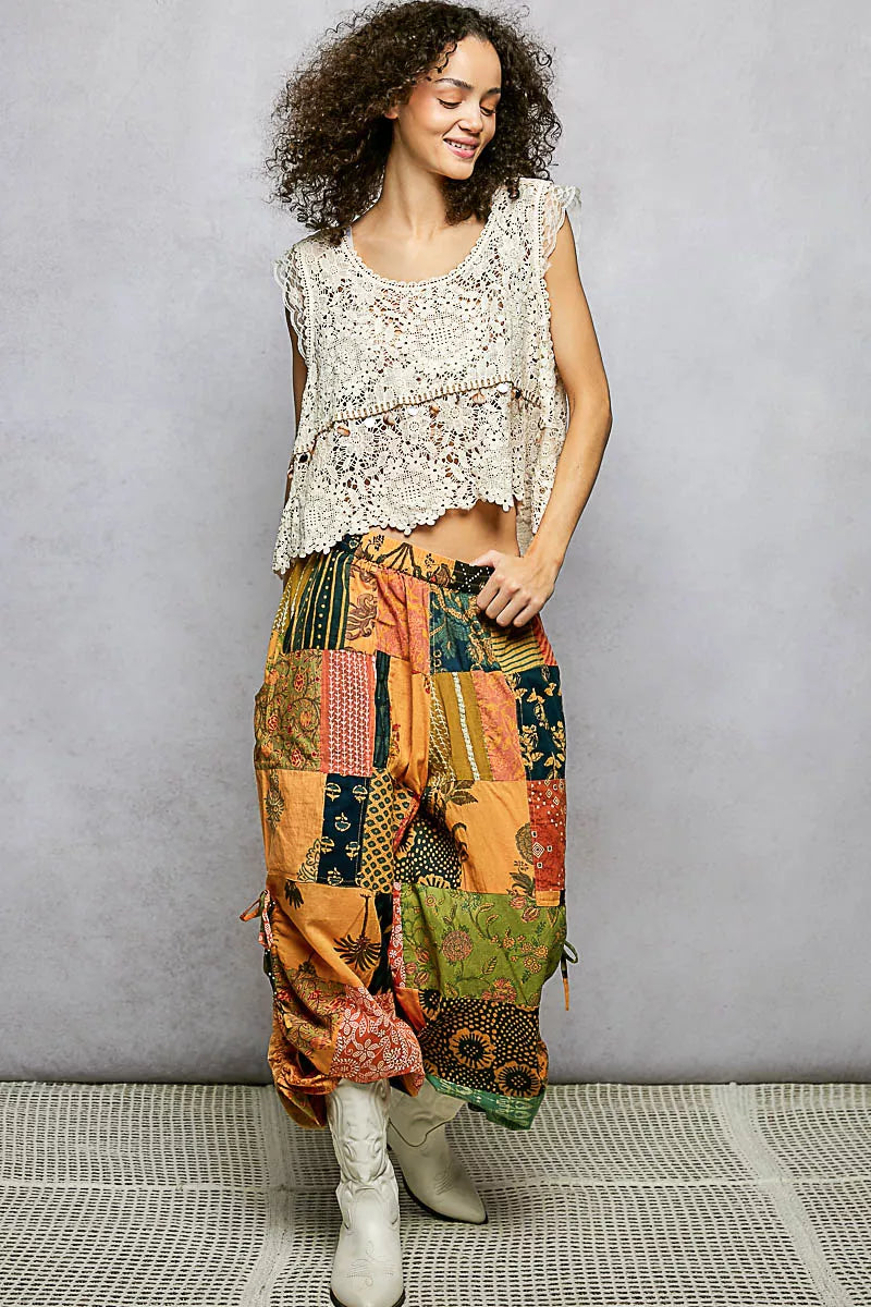 POL Printed Patchwork Wide Leg Pants with Adjustable Side Drawstring