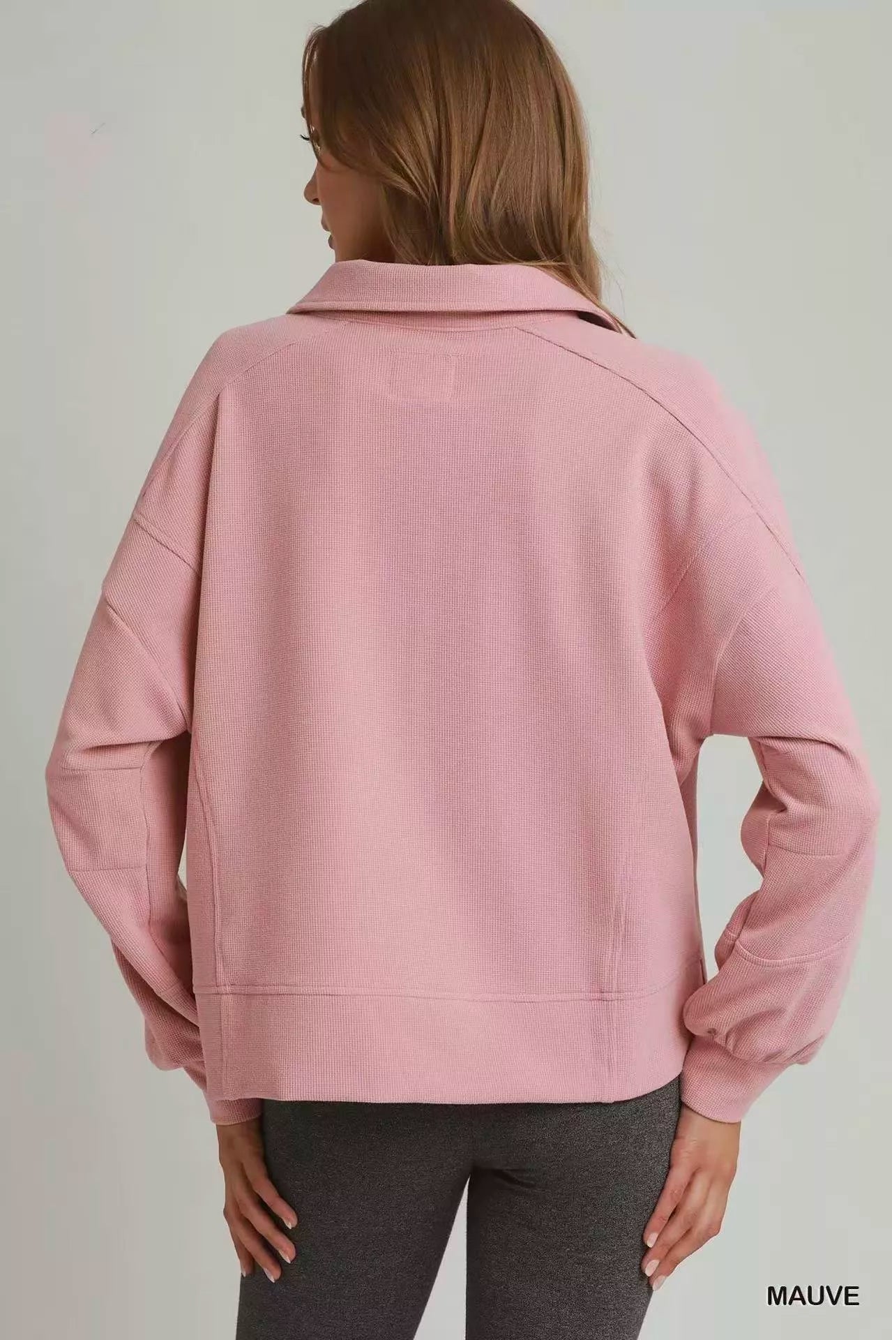 Umgee Brushed Waffle Polo Collared Pullover