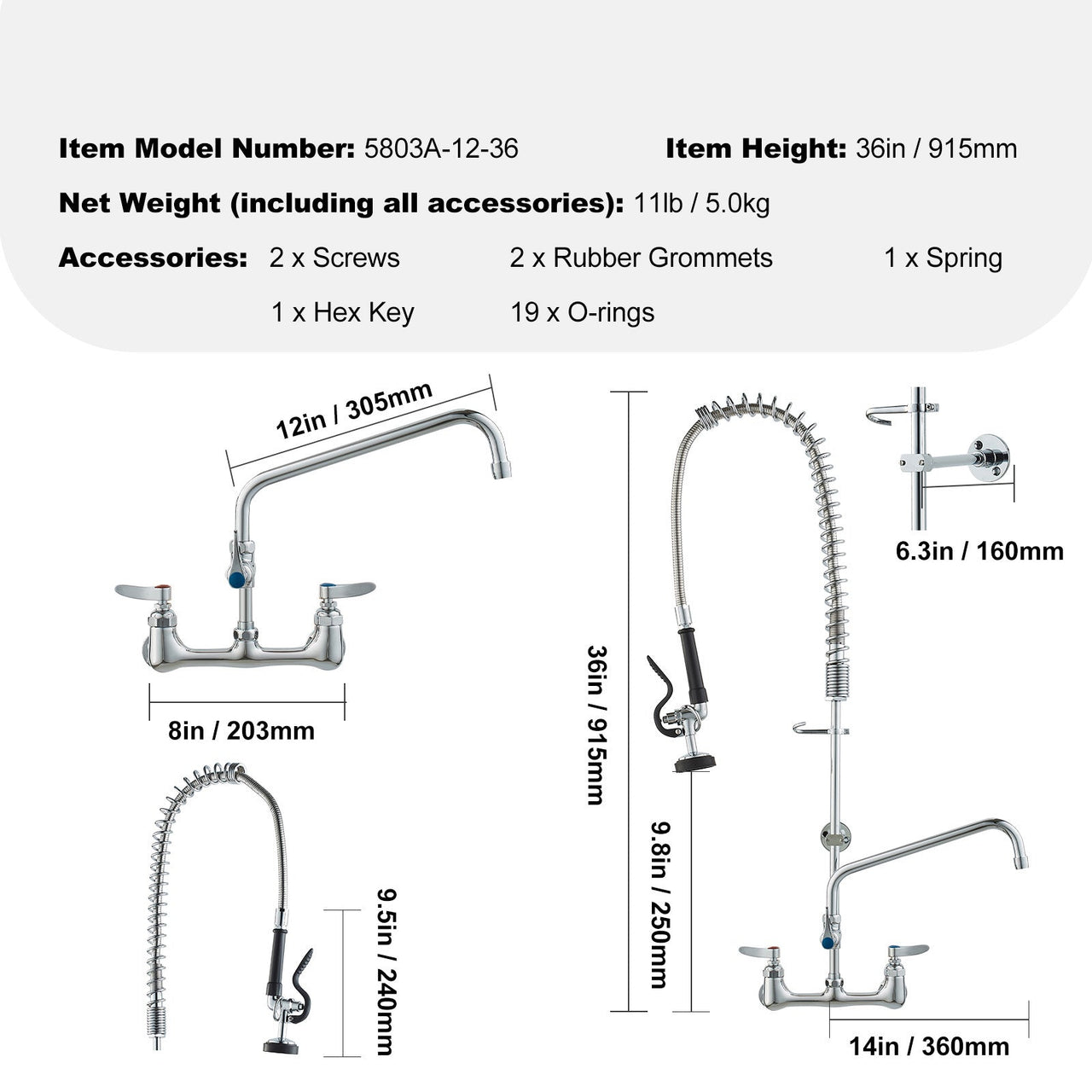 Commercial Faucet with Pre-Rinse Sprayer, 36' Height, 8' Center, 12' Swing Spout, Wall Mount Kitchen Sink Faucet, Brass Constructed Device with Pull Down Spray, for 1/2/3 Compartment Sink