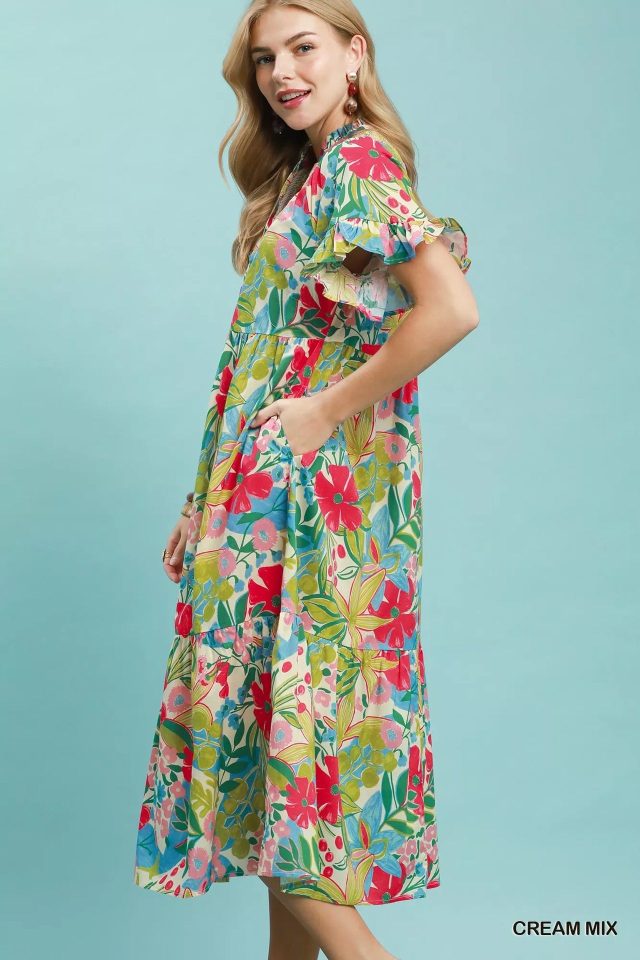 Umgee Tropical Floral Ruffle Sleeve Tiered Midi Dress