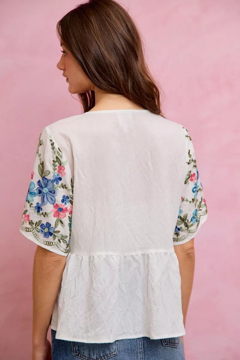 SO ME Floral Embroidered Baby Doll Blouse Top