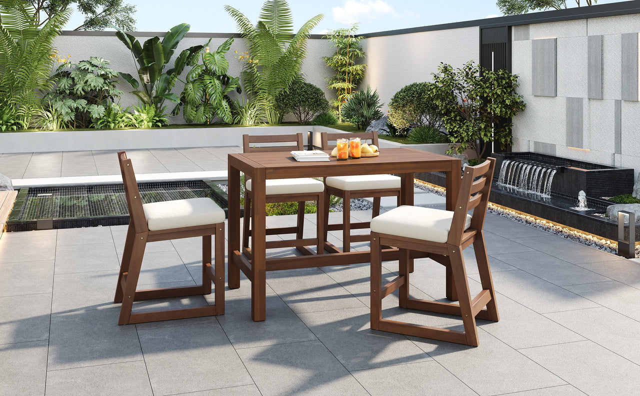 TREXM Rustic Patio Bar Set with Ergonomic Chairs, Solid Wood Slatted Tabletop in Mocha+Beige Cushion
