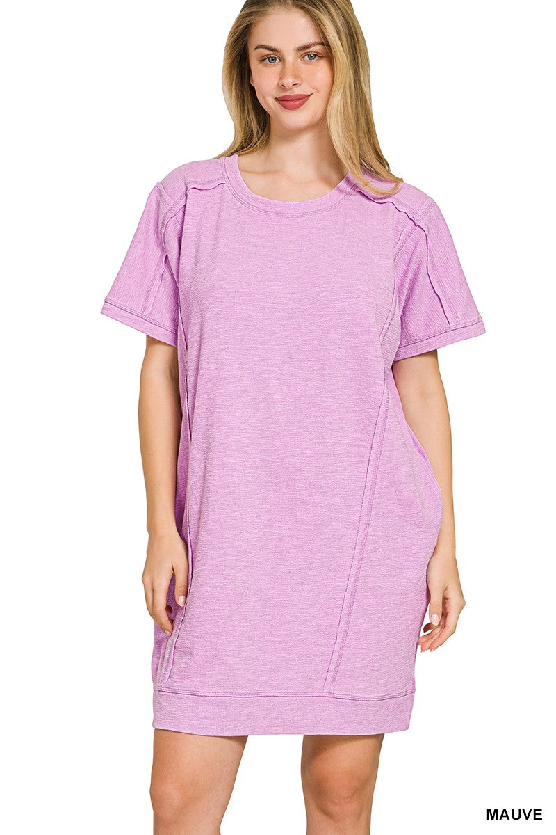 Zenana Washed Slub Short Sleeve Dress With Pockets