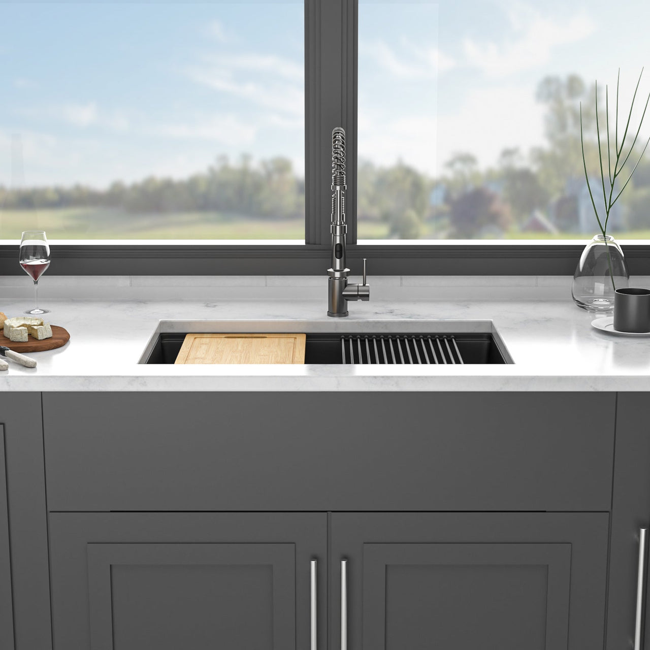 Quartz Composite Kitchen Sink Workstation Undermount 33x19 Inches Black Granite