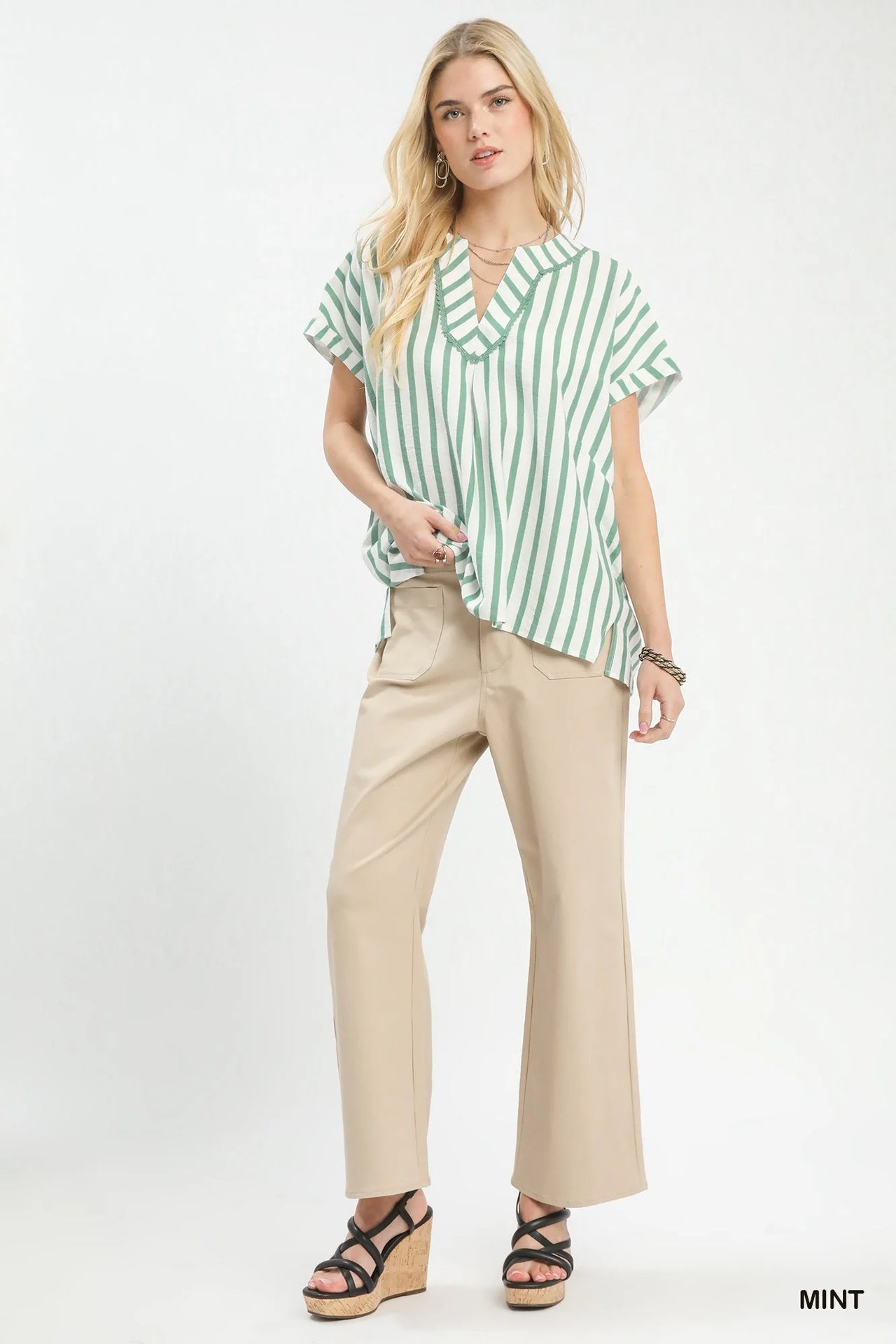 Umgee Mixed Stripe Split Neck Oversized Blouse