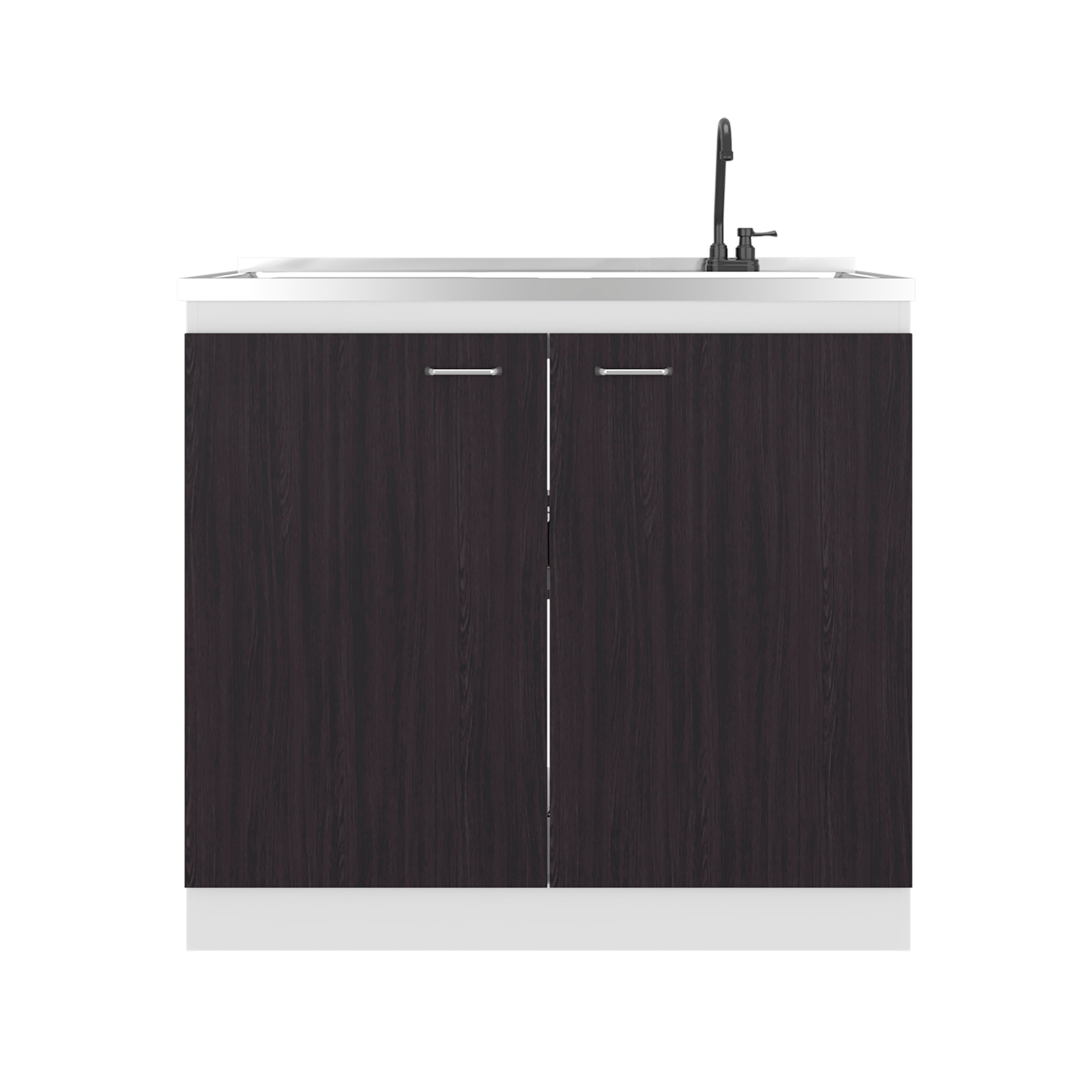 Salento Freestanding Sink, Double Door Cabinet, Two Shelves, White / Black Wengue