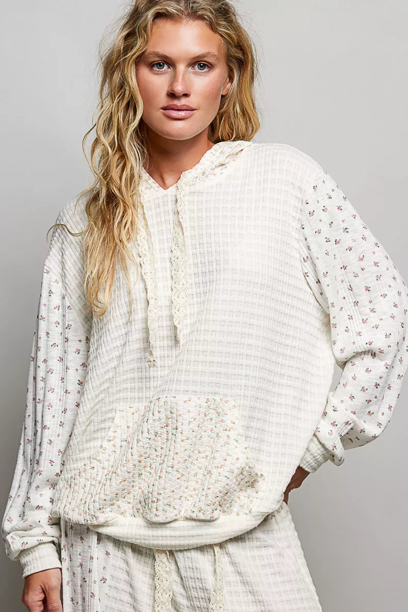 POL Mixed Knit Contrast Print Sleeve Hoodie with Kangaroo Pocket