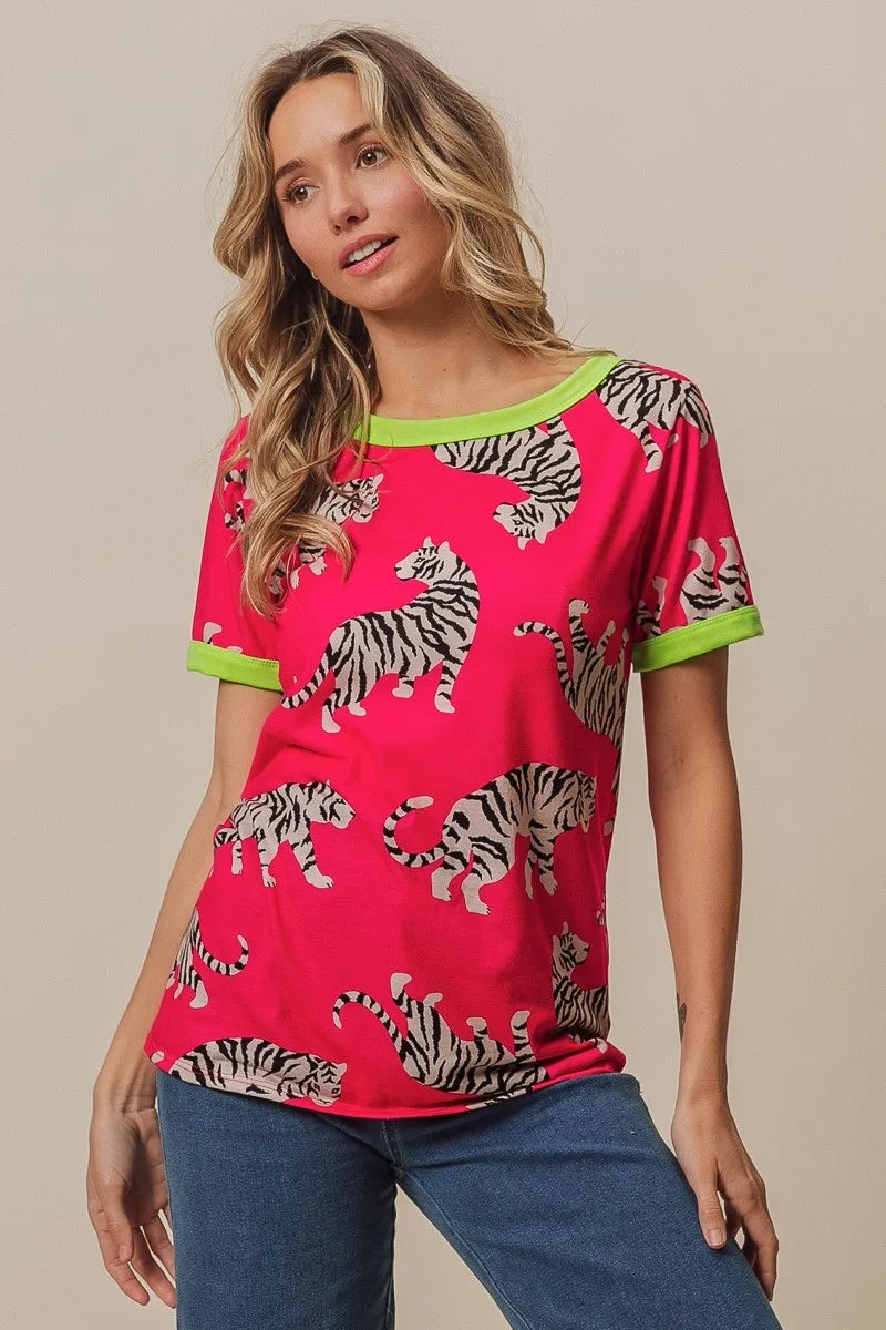 BiBi Big Tiger Print Jersey Contrast Ringer Top