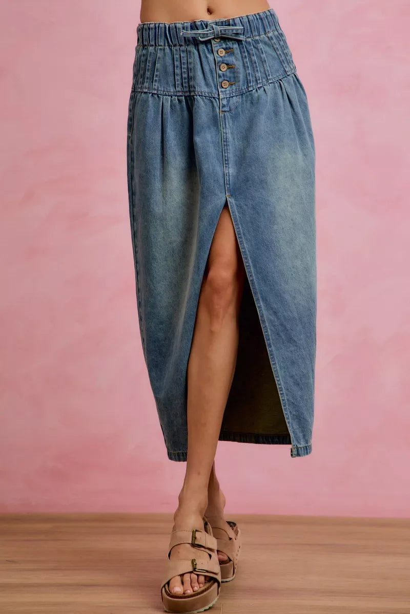 SO ME Pleated Washed Denim Skirt With Front Slit