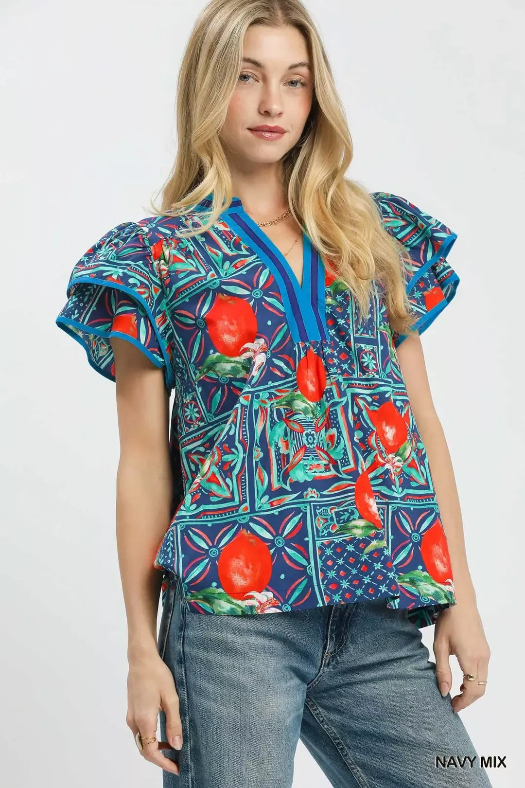 Umgee Abstract Print Flutter Sleeve Blouse