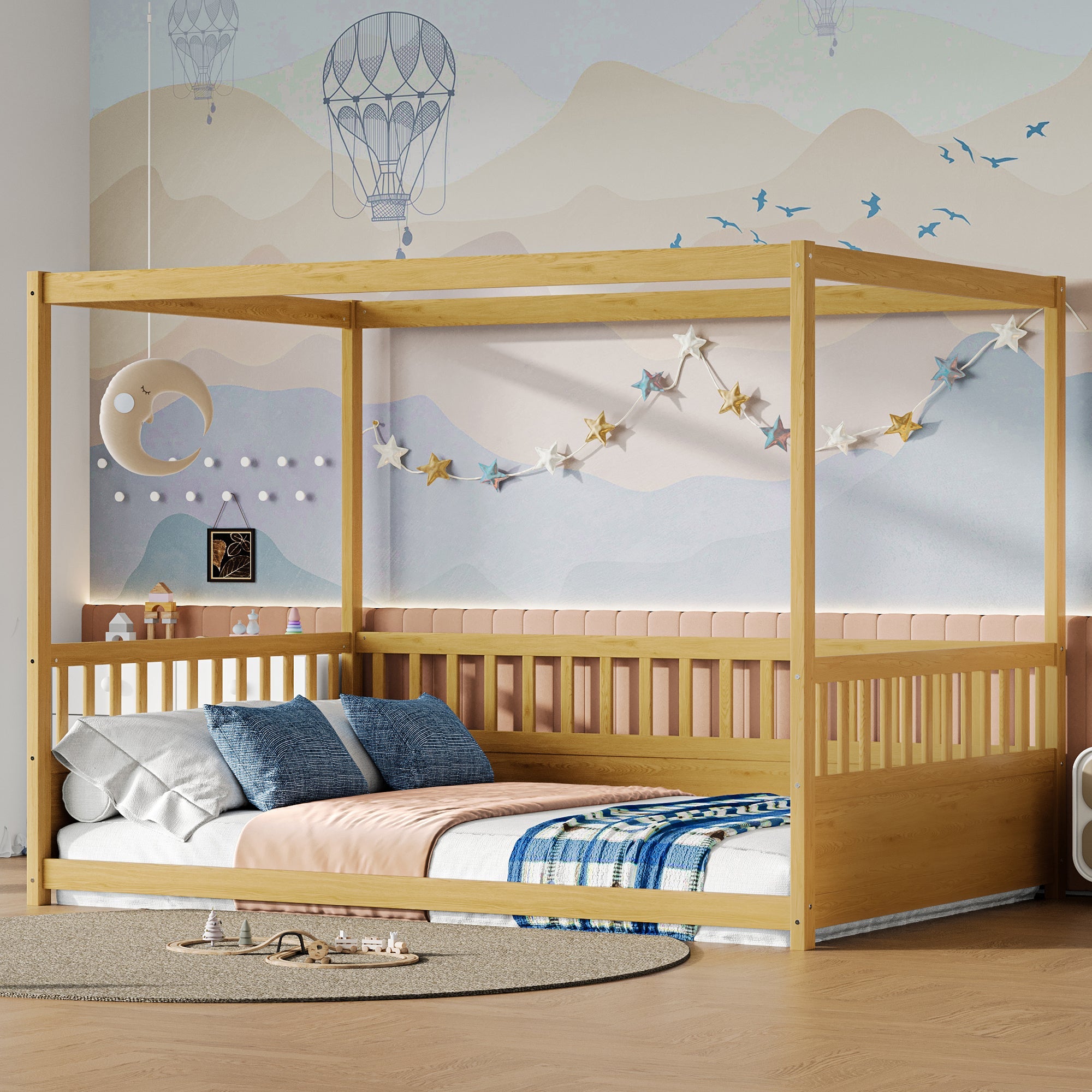 Full Size Canopy Bed Frame with Guardrails for Kids,Floor Bed Full with Four Poster Design,Kids Montessori Floor Bed,Wood Canopy Bed Frame for Girls,Boys(Full,Natural)
