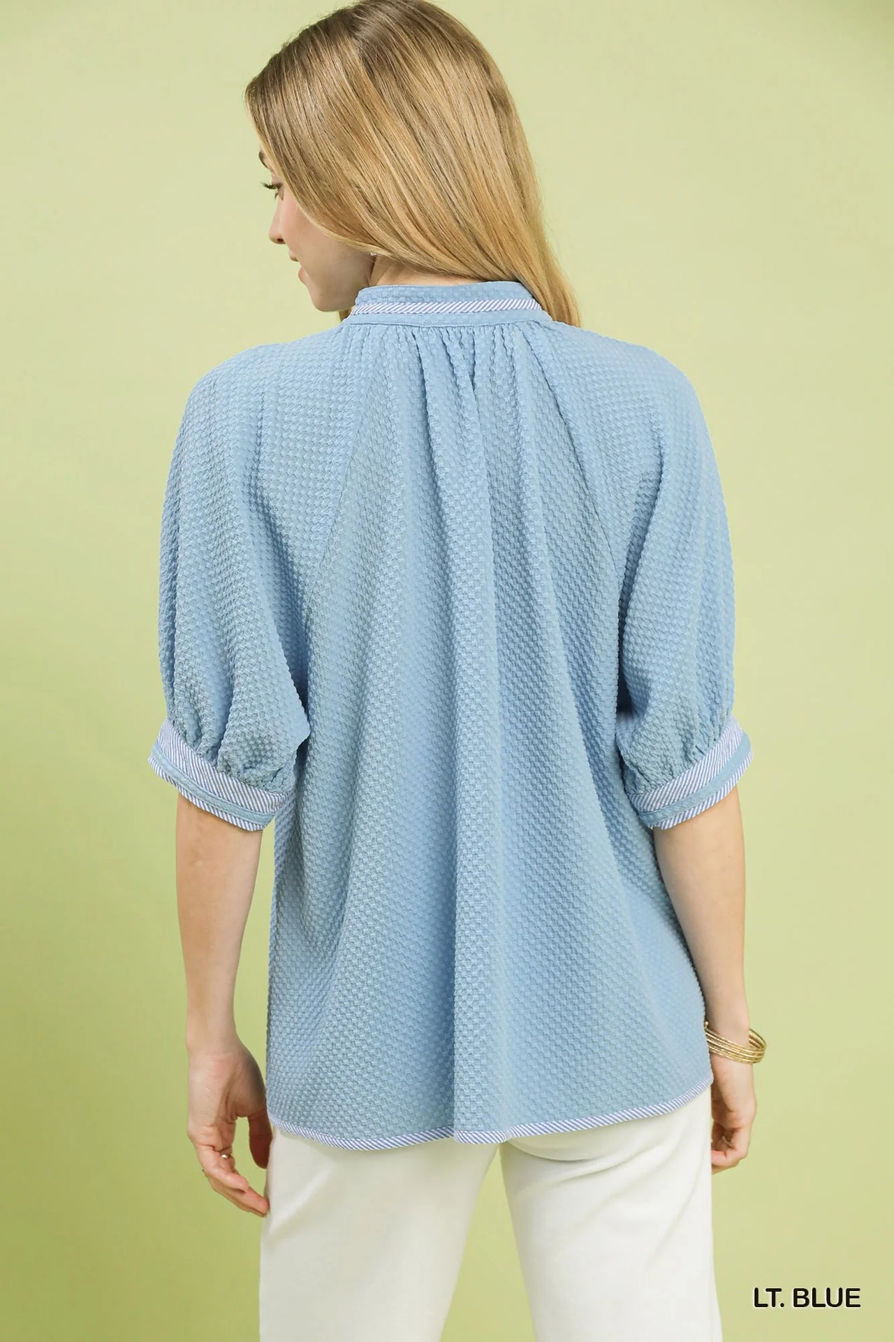 Umgee Textured Jacquard Contrast Trim Top