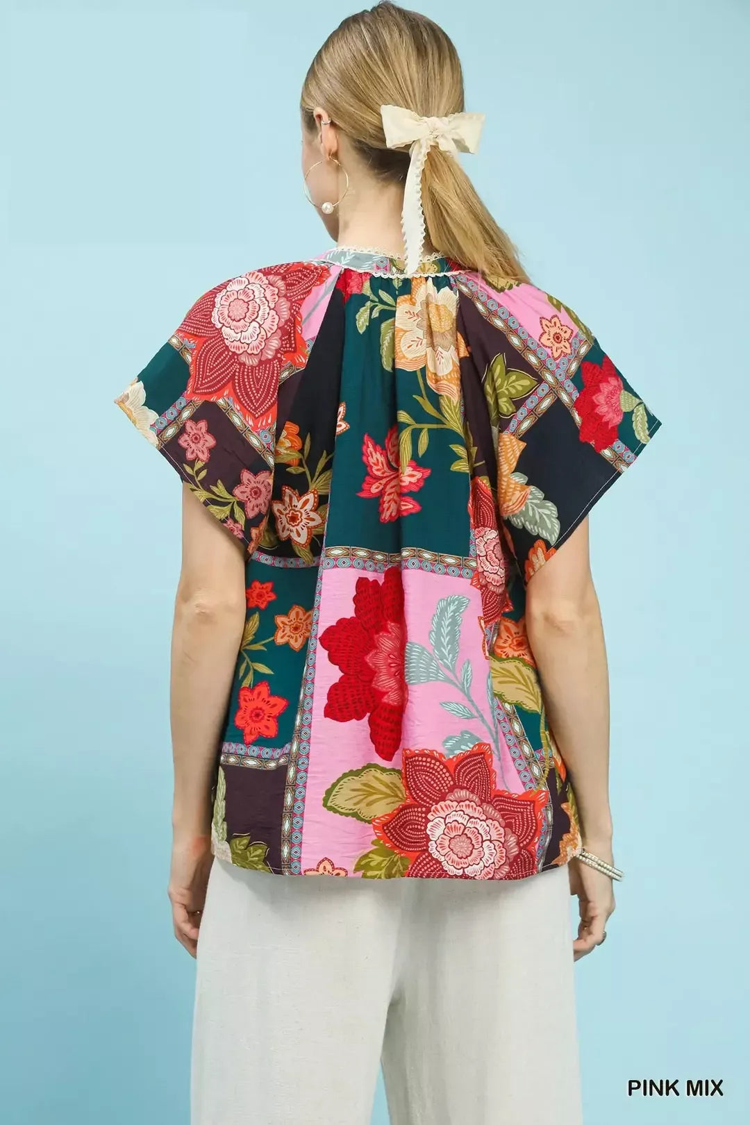 Umgee Mix Floral Patchwork Tassel Tie Top