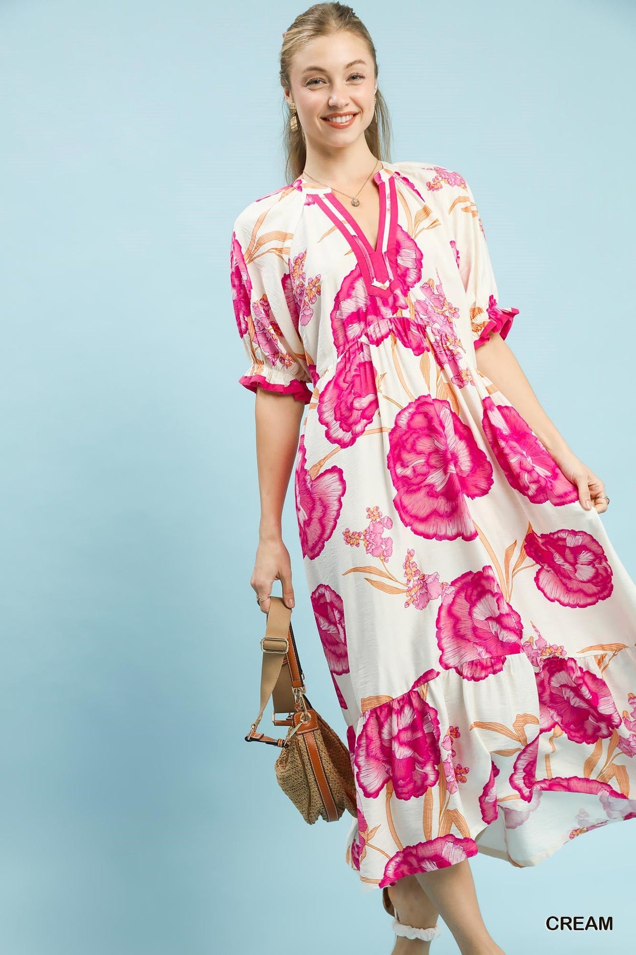 Umgee Floral Print Midi Dress with Contrast Trim
