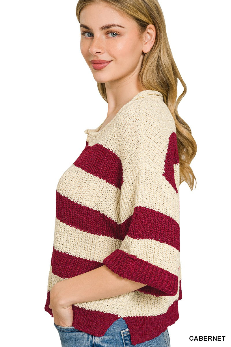 Zenana Split Neck Stripe Sweater