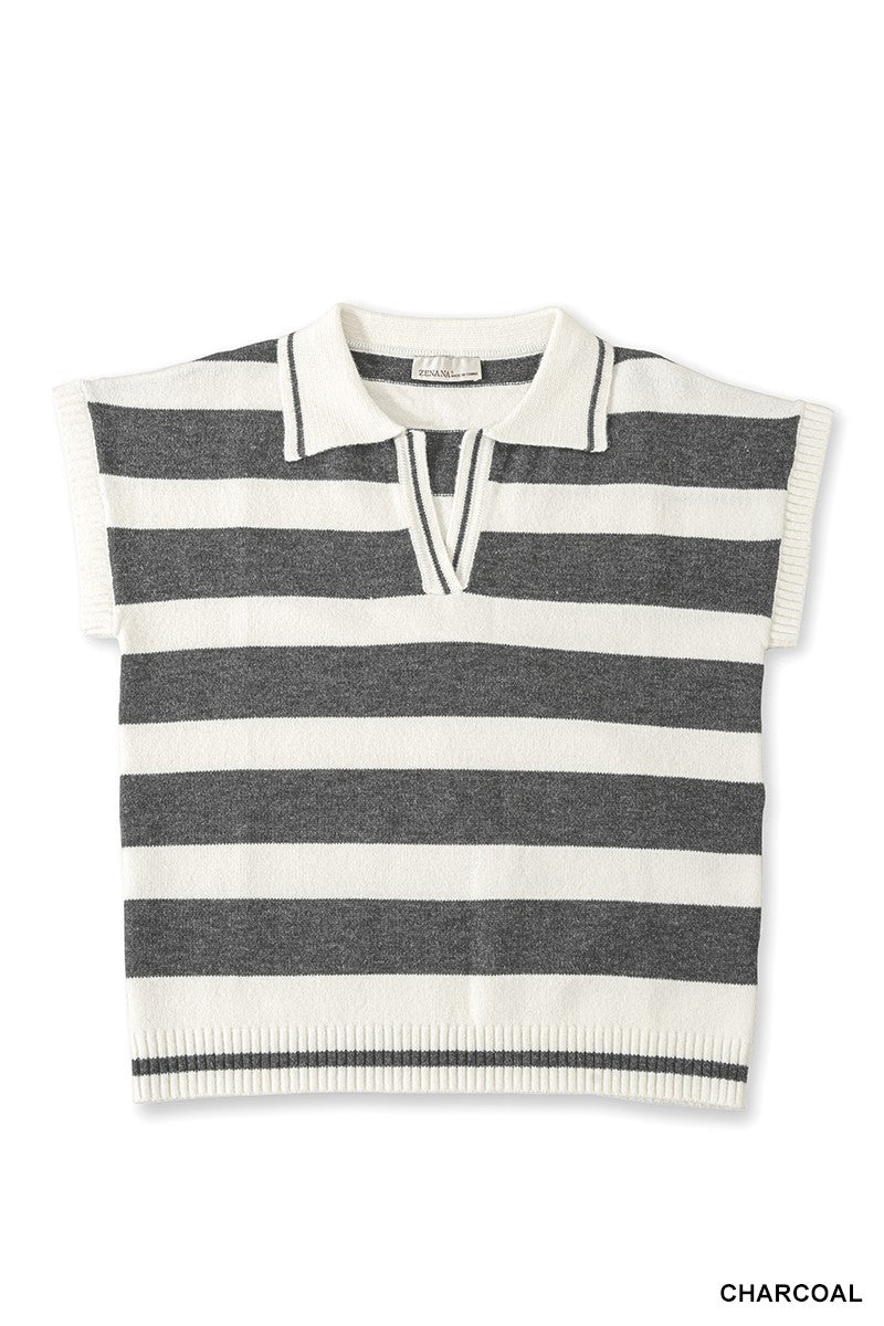 Zenana Striped Collared Short Sleeve Sweater