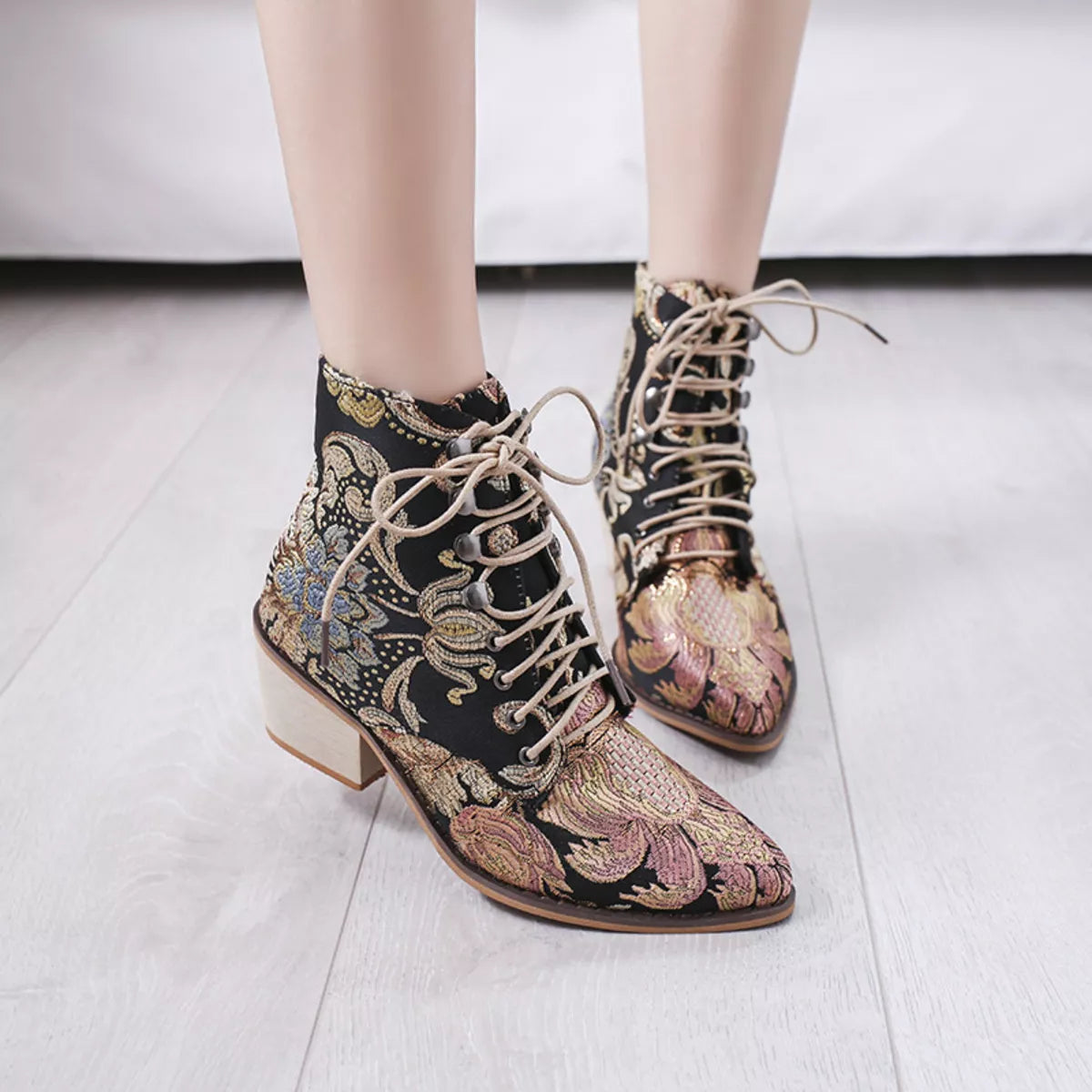 Embroidered Floral Lace-Up Ankle Boots