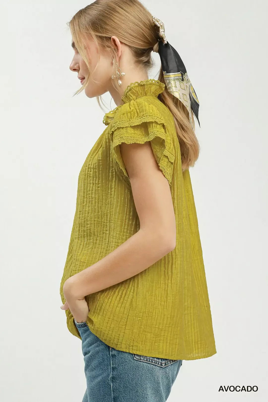 Umgee Lace Trim Ruffle Top