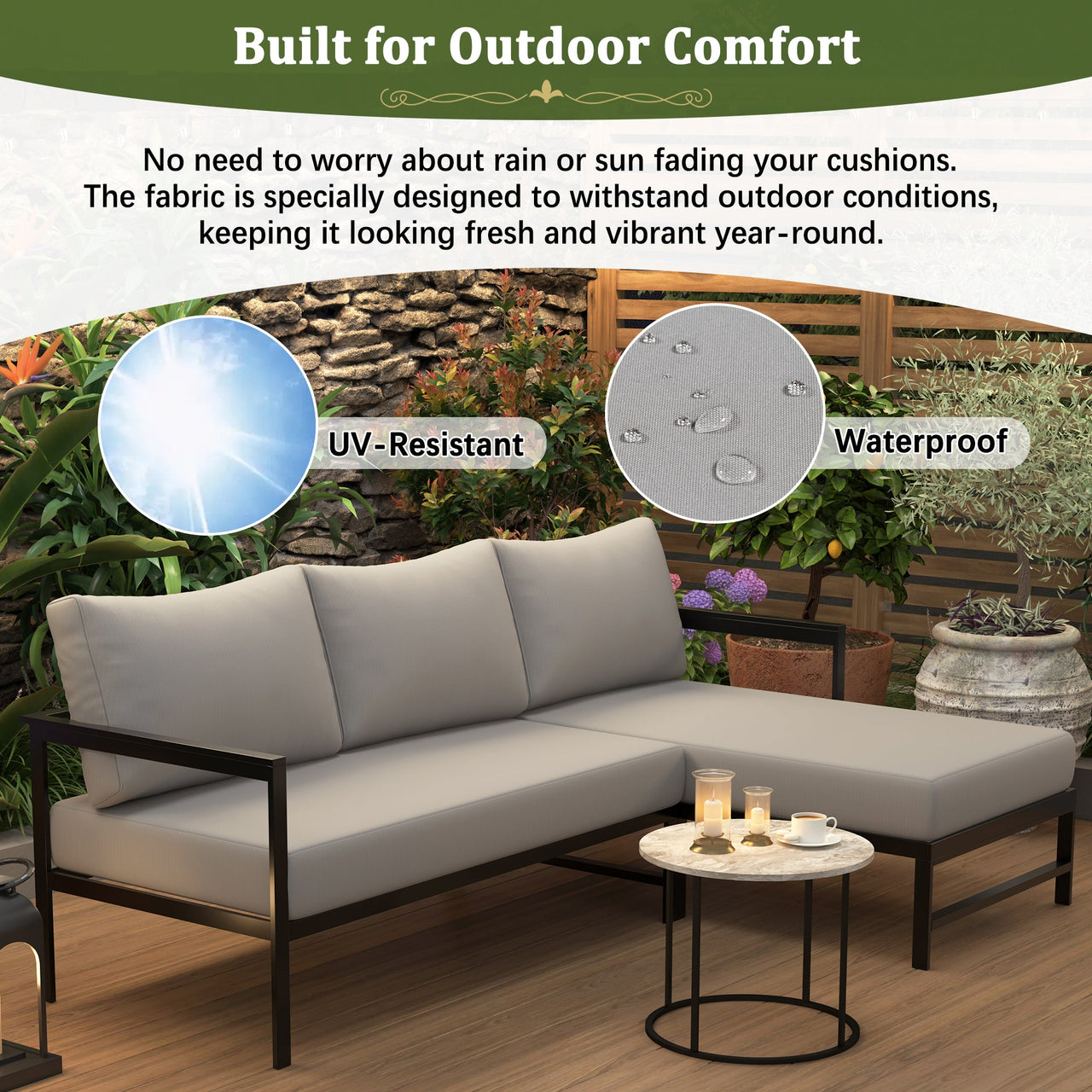 U_style Outdoor L-Shaped Sofa with Iron Frame,Weather-Resistant Patio Sofa Set with Ultra-Thick Cushions,Comfortable Seating for 3,Ideal for Patio, Balcony,and Garden