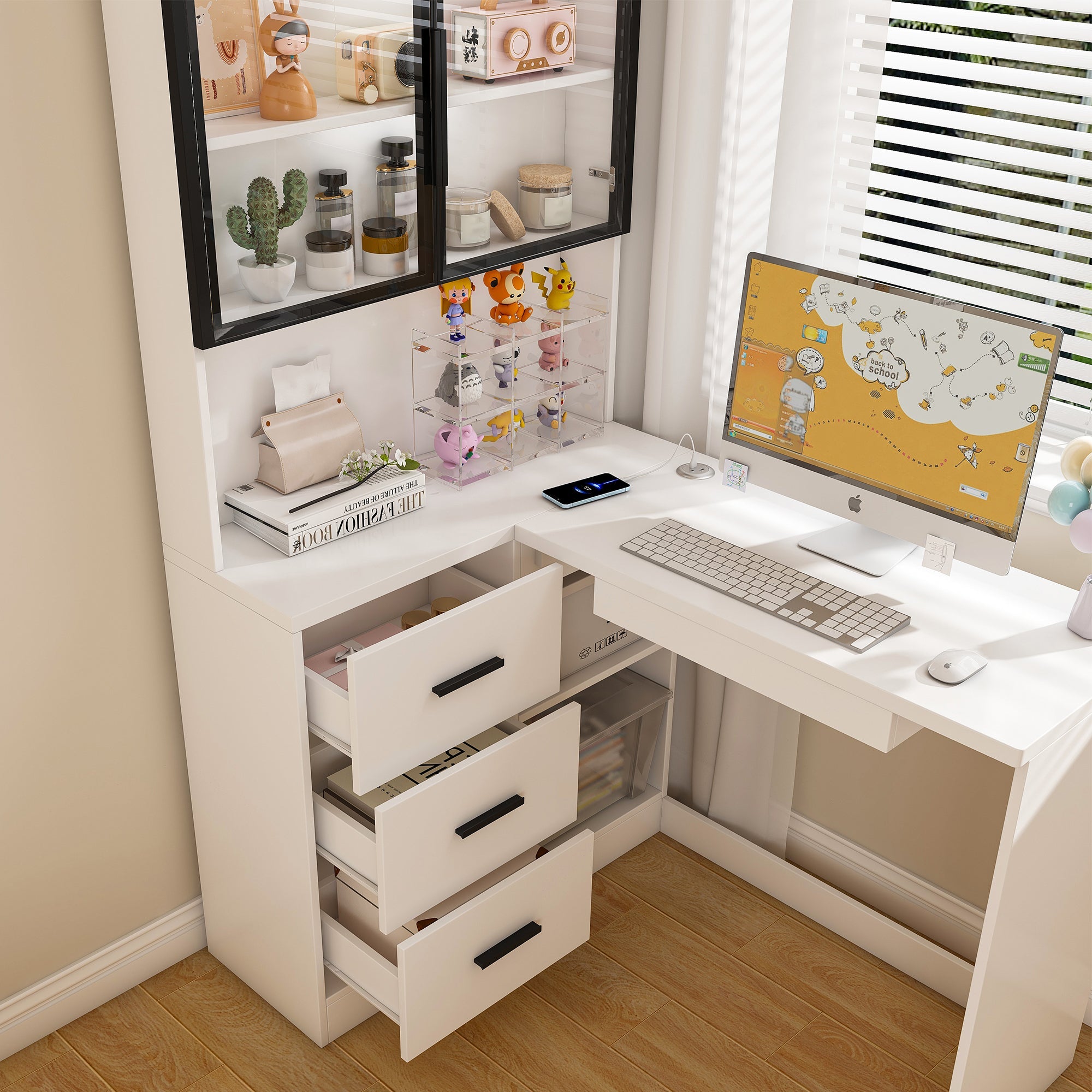 White L-Shaped Computer Desk with Glass Cabinets, Built-In LED Lights, USB Charging Ports, and Keyboard Tray - Ergonomic Office Furniture for Home and Corporate Workspaces