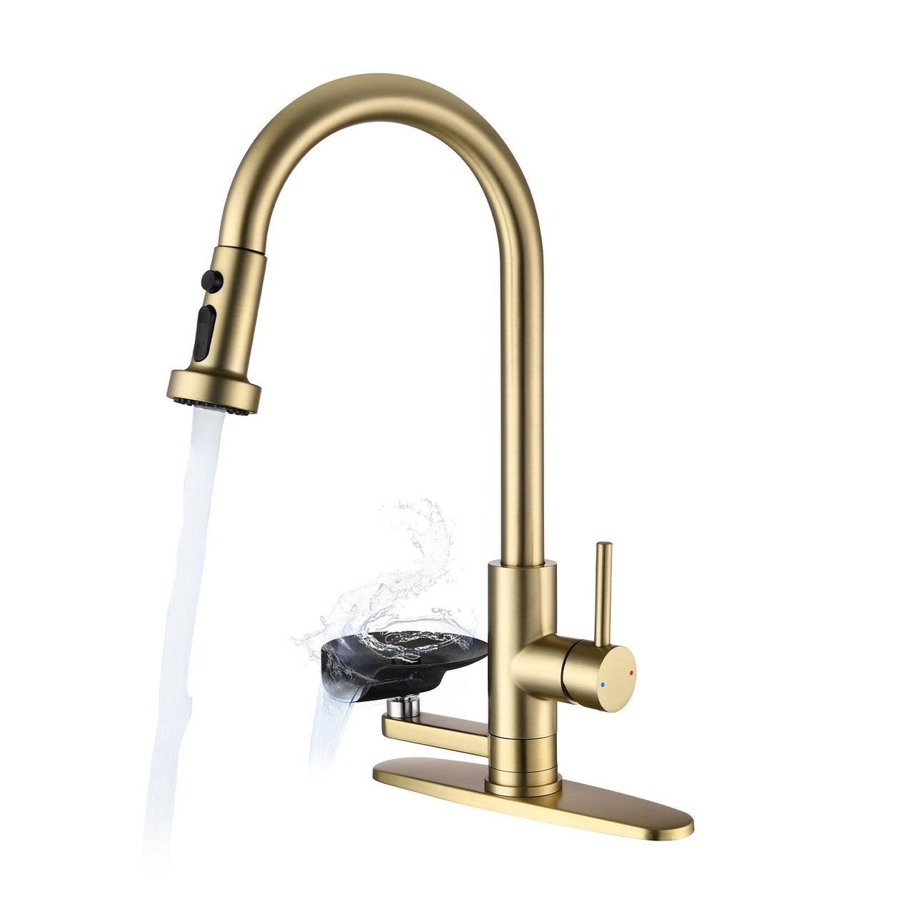 3-in-1 Kitchen Faucet with Press-Type Glass Rinser, Brushed Gold Finish, High-Arc Pull-Down Sprayer, Universal for 1 & 3 Holes, Stainless Steel and ABS Construction