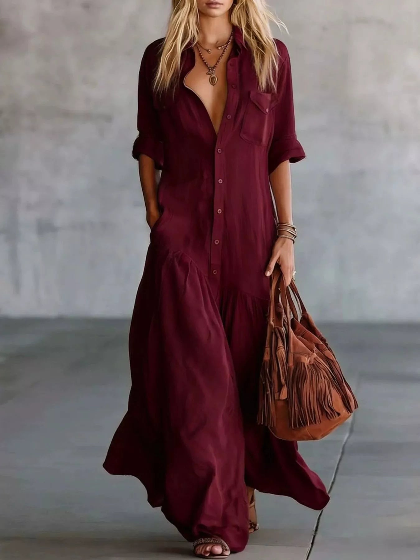 Full Size Button Front Roll-Up Sleeve Maxi Dress Plus Size