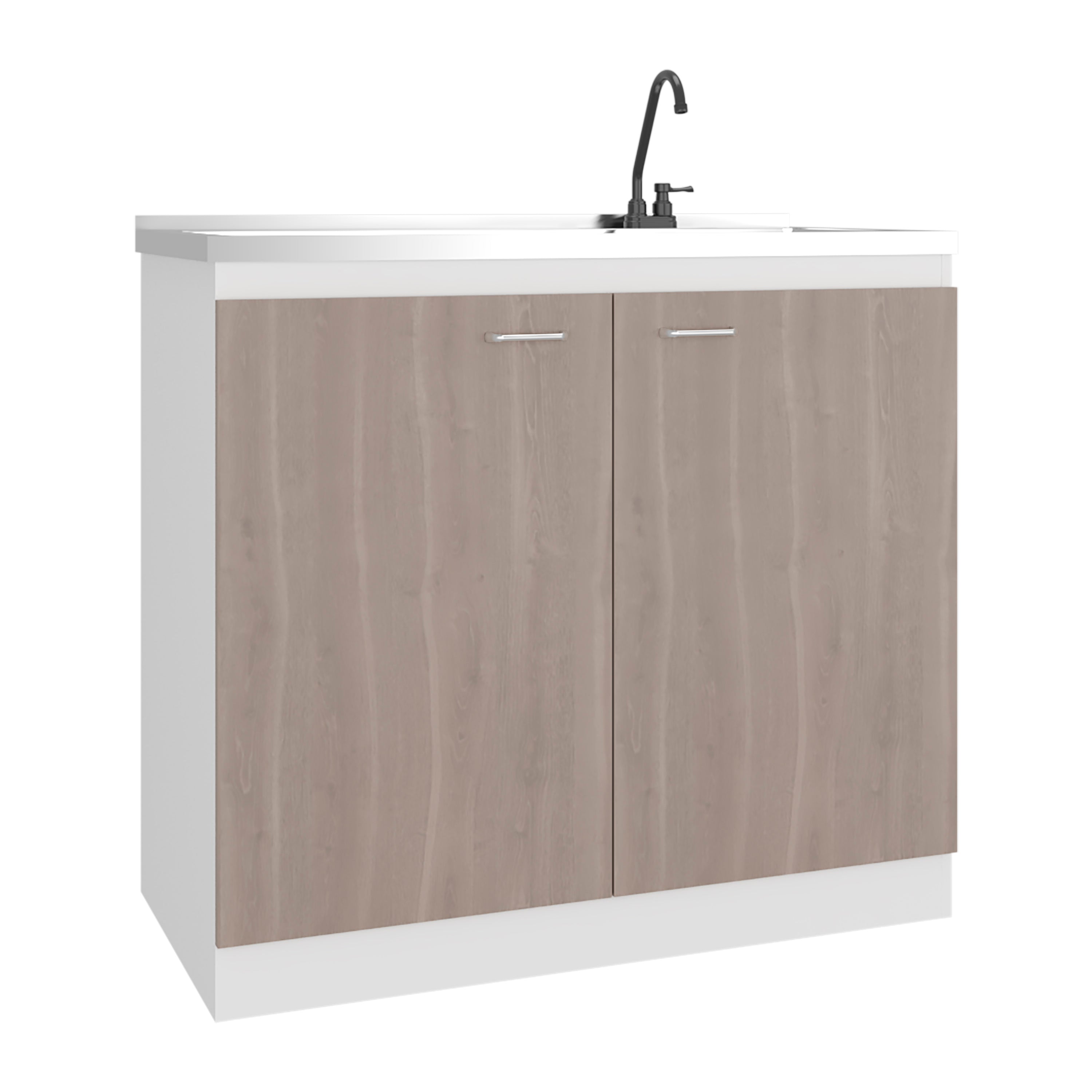 Salento Freestanding Sink, Double Door Cabinet, Two Shelves, White / Ligth Grey