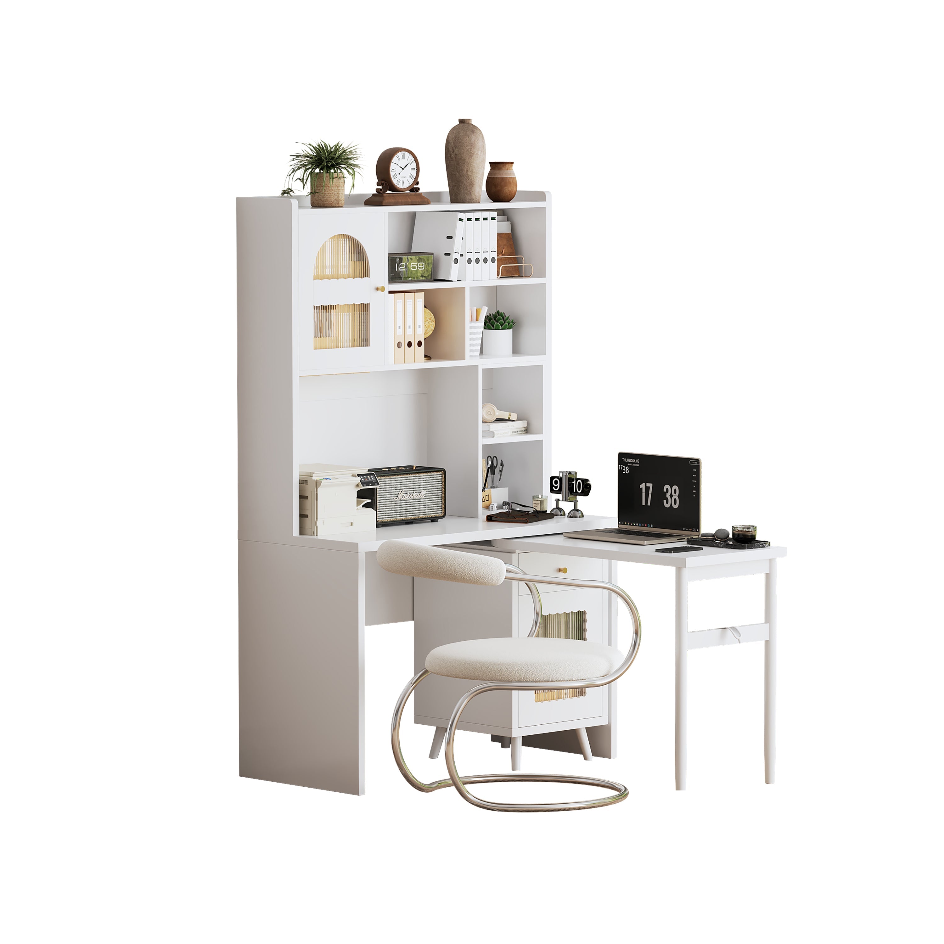 Computer Desk with 90 Degree Rotating Desktop, 43x70 Inch Office Desk with Storage Drawer and Cabinets, Gaming Desk with Shelves, Writing Desk for Study, Work Desk for Home (Old SKU:N733P279101K)