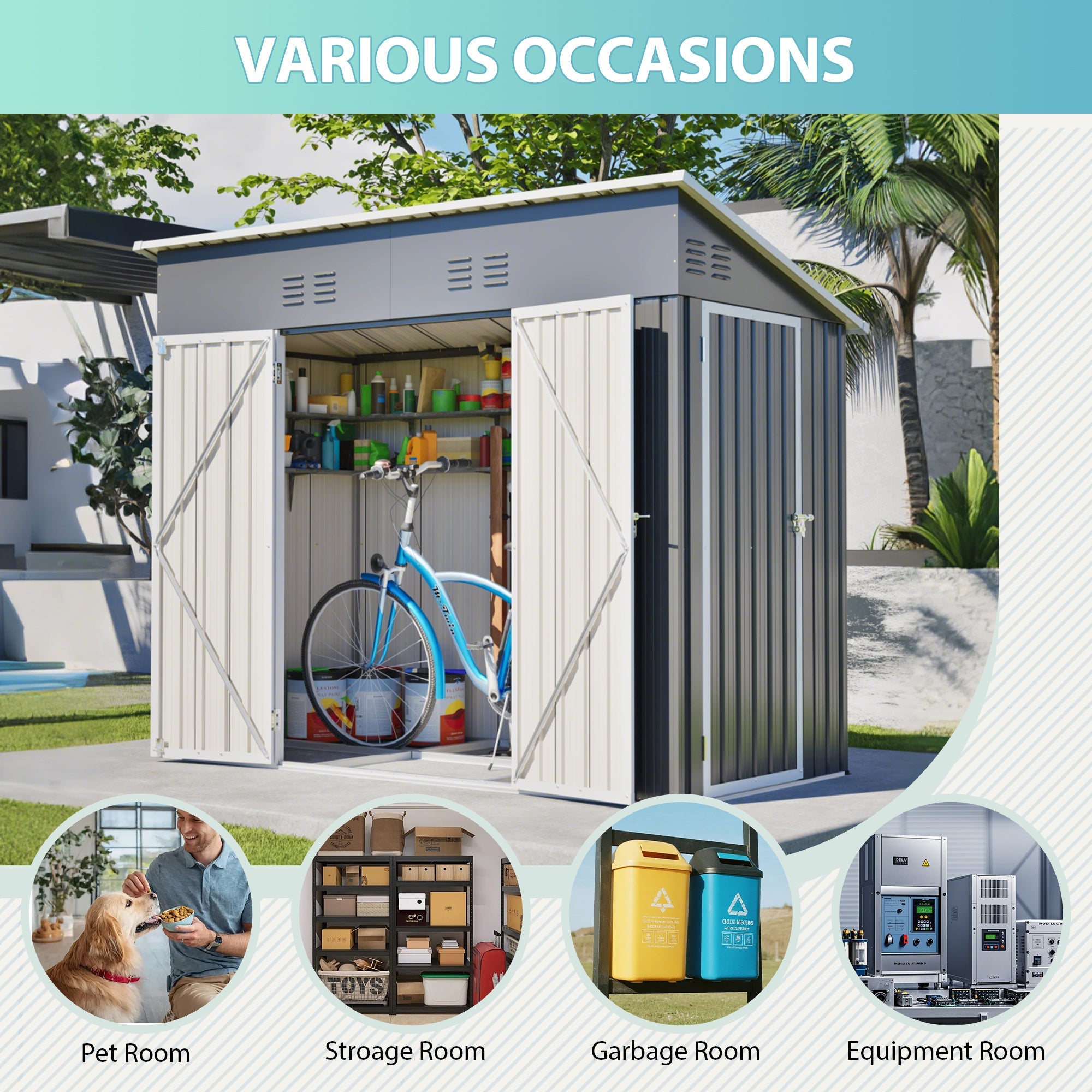 4x8 Slope-Roof Reinforced Storage Shed with Weatherproof Sloping Roof & 4 Air Vents, Heavy-Duty Sturdy Metal Frame, Left/Right Optional Door, Outdoor Tool Shed Warehouse for Garden Storage Pet House