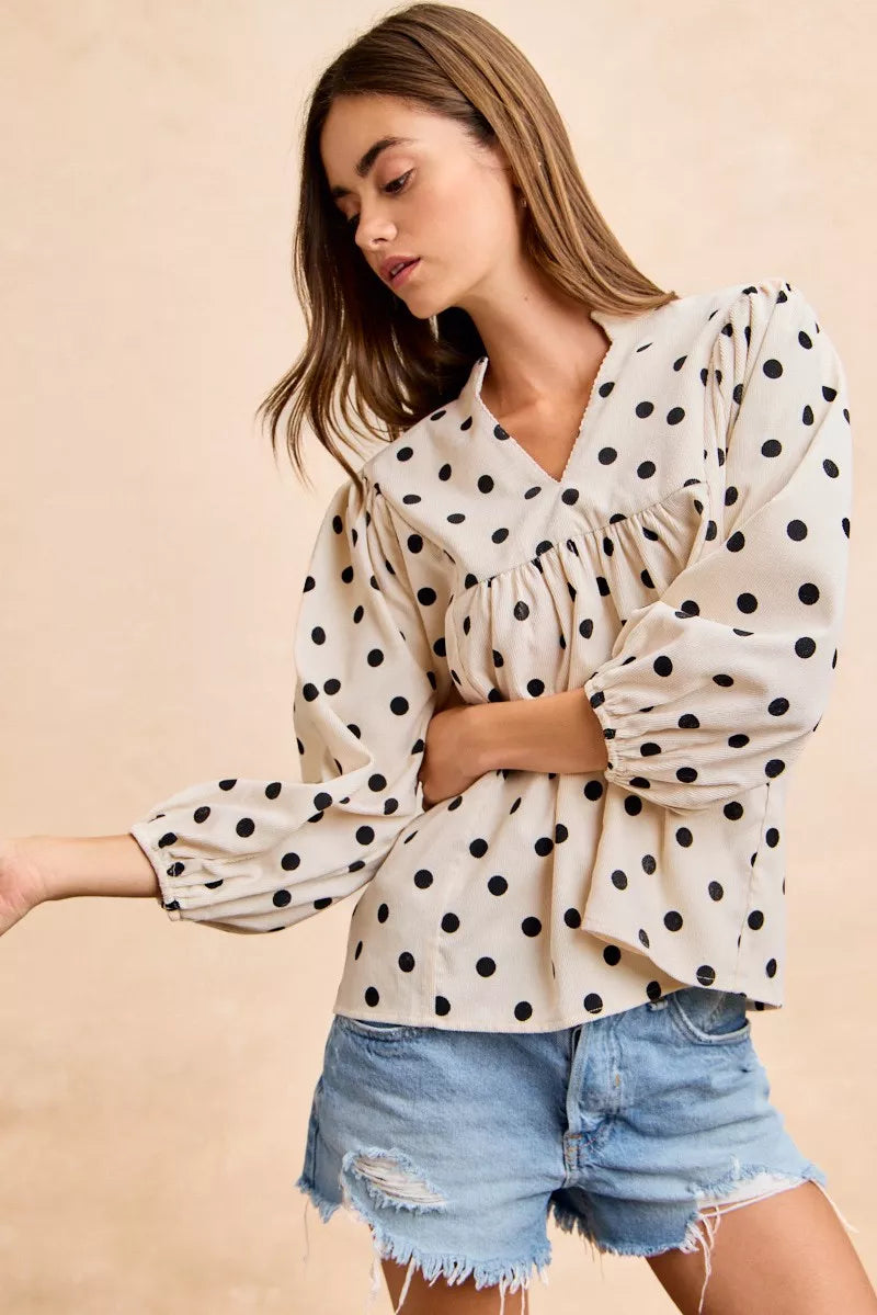 BiBi Polka Dot Corduroy Quarter Sleeves V Neck Blouse