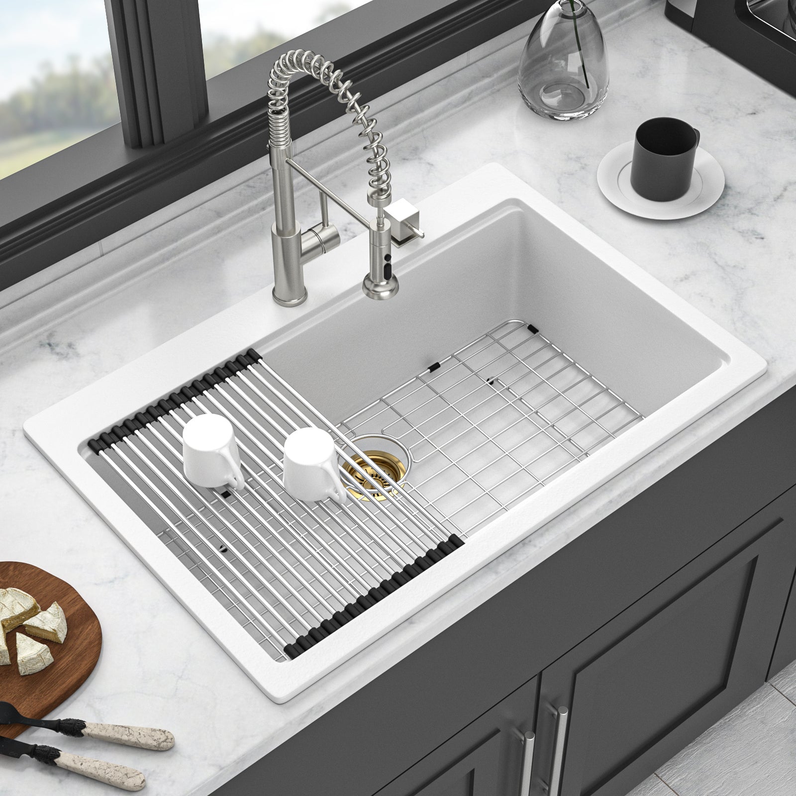 33 x 22 Inches White Granite Composite Quartz Kitchen Sink with Workstation Features and Drop-In Design