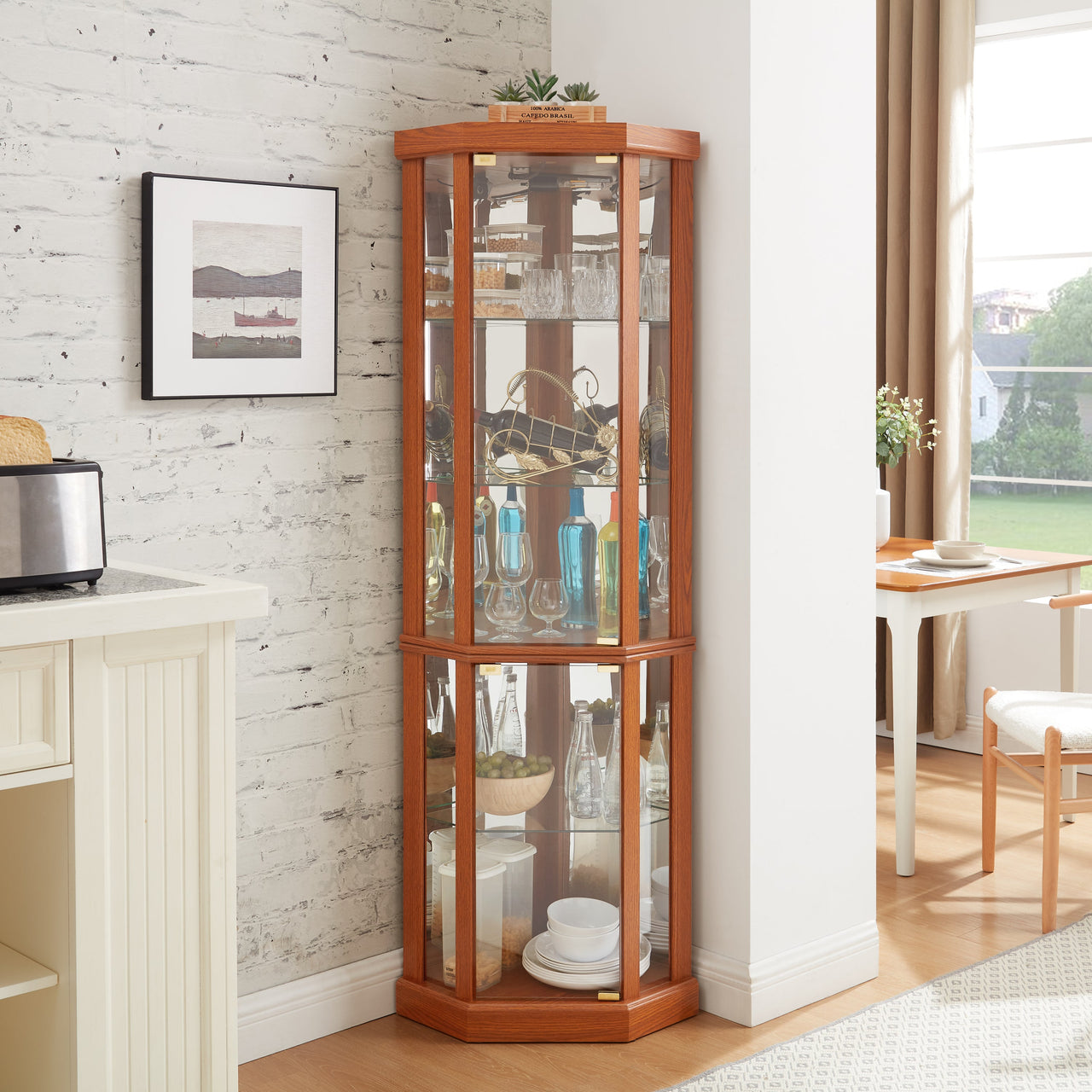 Corner Lighted Curio Cabinet Corner Glass Cabinet Lighted Curio Cabinet Corner Display Case for Living Room, Curio Cabinet, Antique collection, Wine,Bar Glass Storage Light Included,Dark oak